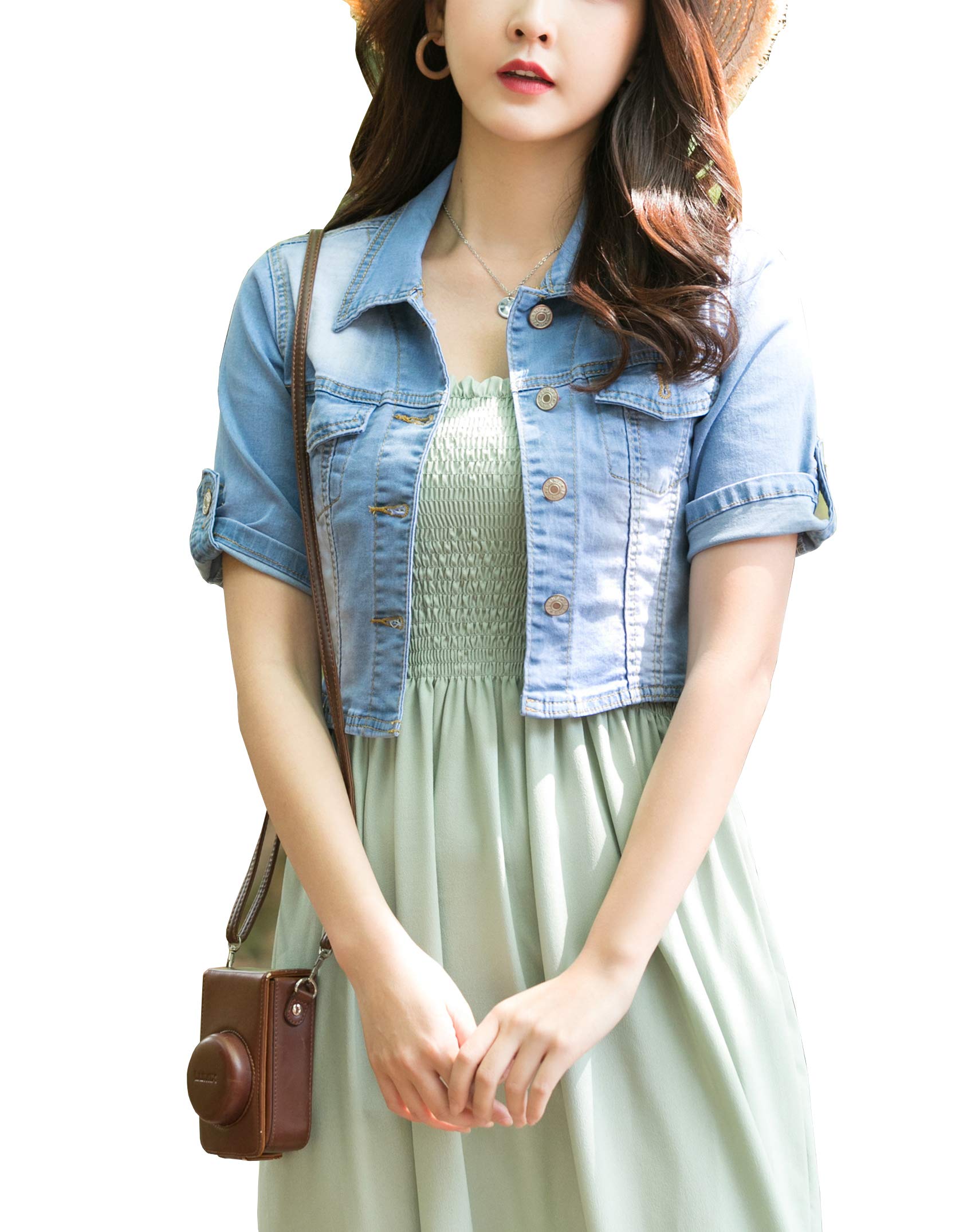 Women's Stretch Denim Jacket - Short Sleeve Button Down Jean Jacket with Shawl Collar | Casual Outfit Essential for Spring & Summer Fashion