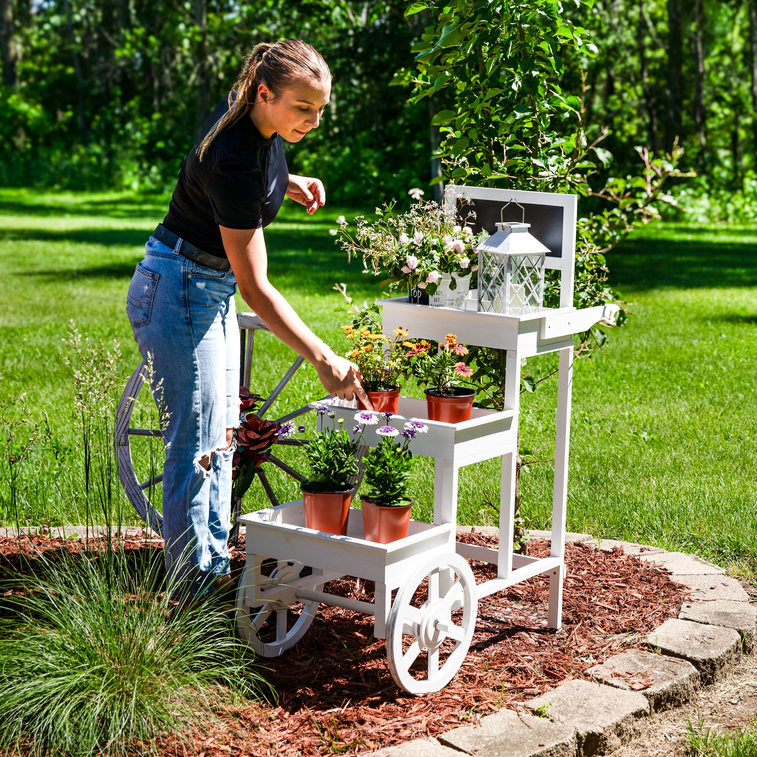 3-Tier Rolling Flower Cart Stand with Wheels - White Metal Garden Plant Display Rack for Indoor & Outdoor Decor, Patio, Balcony, and Backyard