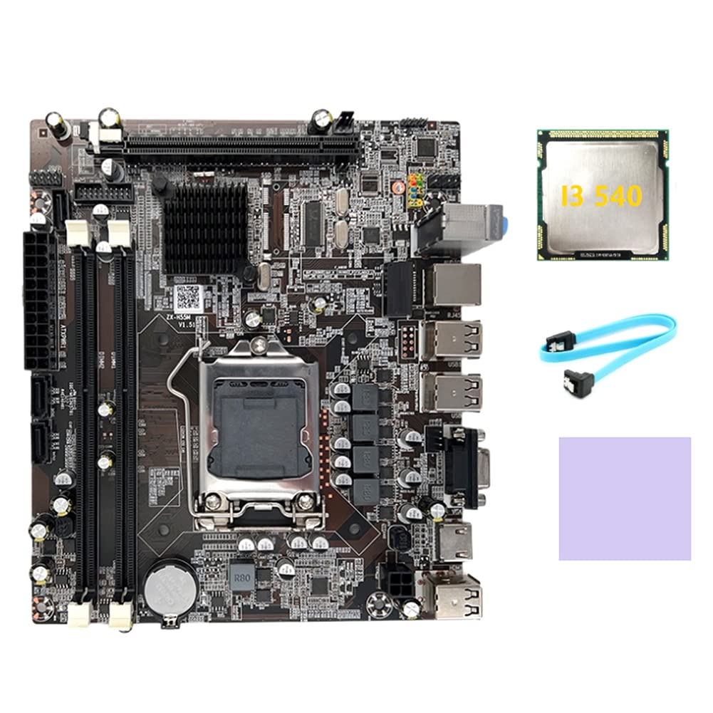 Feriany H55 Motherboard Accessories Kit - LGA1156 Socket for Intel i3 530/i5 760 CPUs, DDR3 Memory Support, Includes i3 540 Processor, SATA Cable & Thermal Pads - Perfect for PC Builds, Upgrades & Gaming Rigs