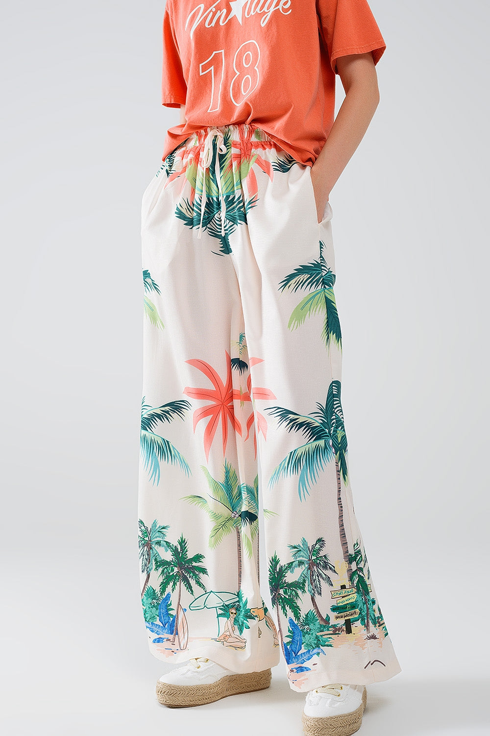Women's Cream Beach Print Elastic Waist Straight Leg Pants - Perfect for Summer Vacations, Casual Outings, and Beach Getaways