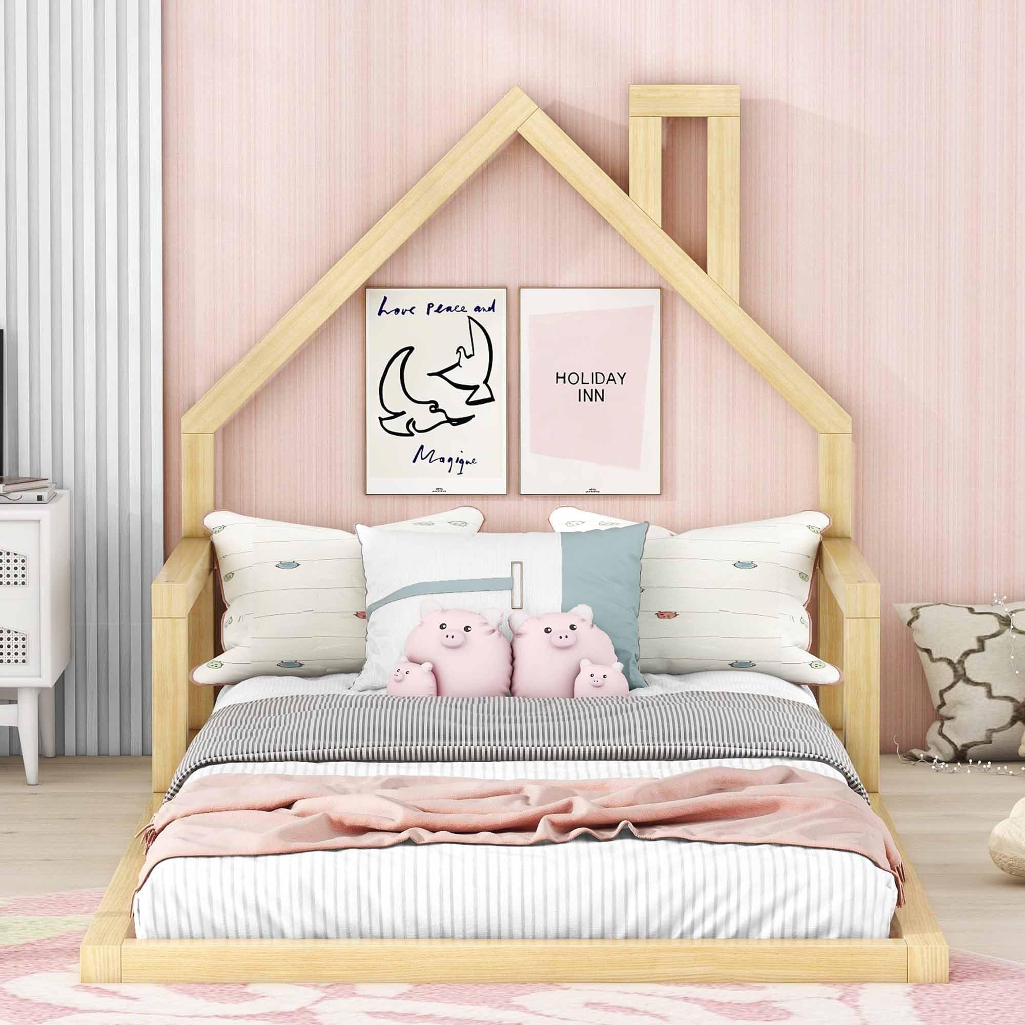 Harper & Bright Designs Twin Kids Bed with House-Shaped Headboard - Solid Wood Slats Platform Bed Frame for Girls & Boys, No Box Spring Needed - Natural Wood Finish - Perfect for Kids' Bedrooms, Playrooms & Montessori Spaces