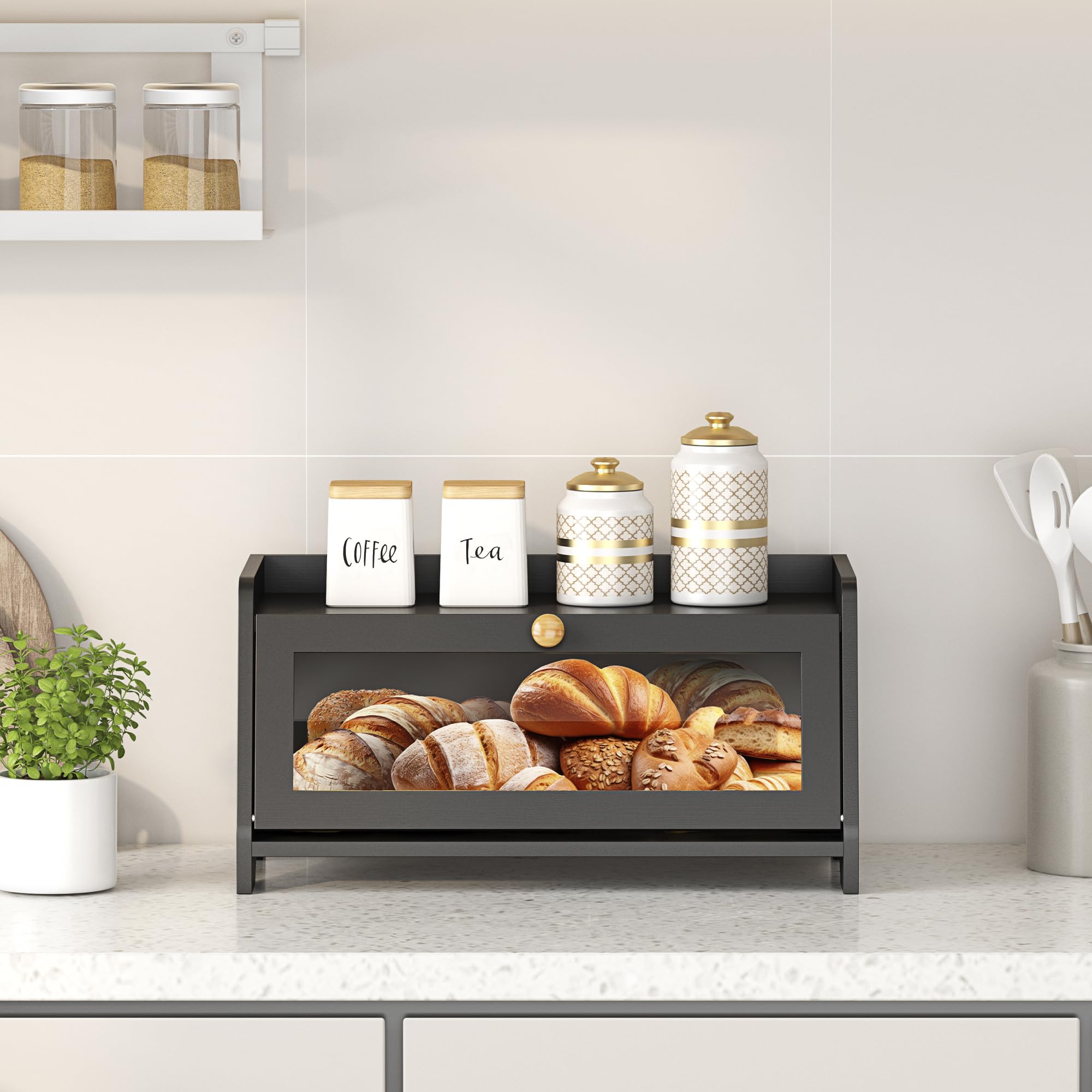 Large Wooden Farmhouse Bread Box with Window - Countertop Bread Storage Container for Kitchen, Pantry, or Dining Room - Perfect for Fresh Bread, Baguettes, and Pastries (Black)