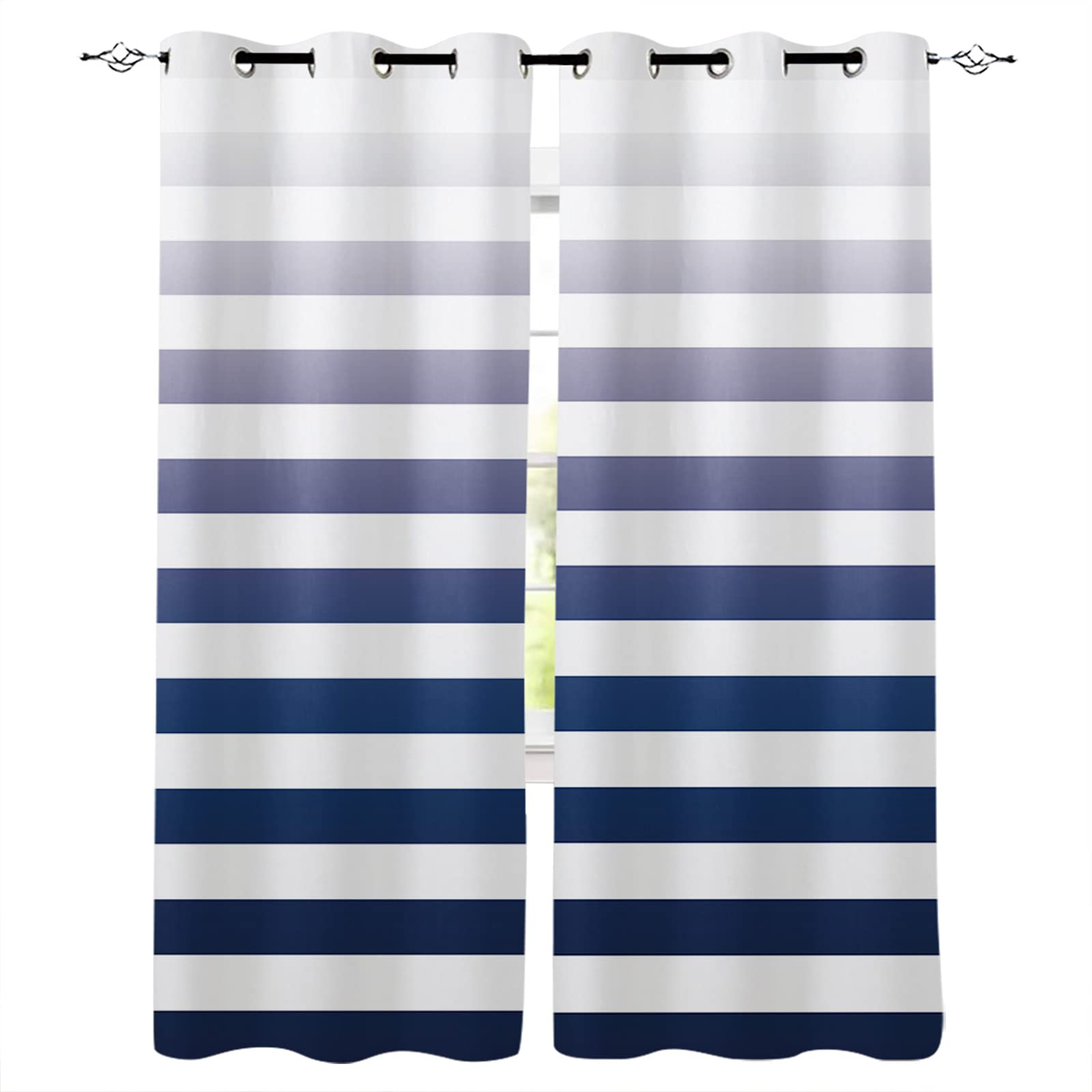 Navy Blue Stripe Gradient Blackout Curtains - Thermal Insulated Room Darkening Grommet Drapes for Living Room & Bedroom (2 Panels, 42x84 Inch) - Perfect for Home Theater, Nursery & Light Sleepers