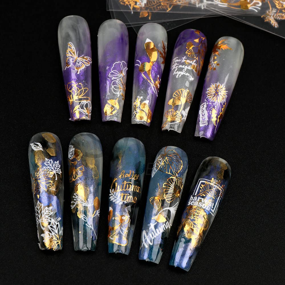 Fall Nail Art Stickers - 9 Sheets Autumn Maple Leaves & Butterfly 3D Nail Decals for Thanksgiving | Gold & White Acrylic Nail Designs | Perfect for Women's Seasonal Nail Art, Holiday Parties & DIY Manicures
