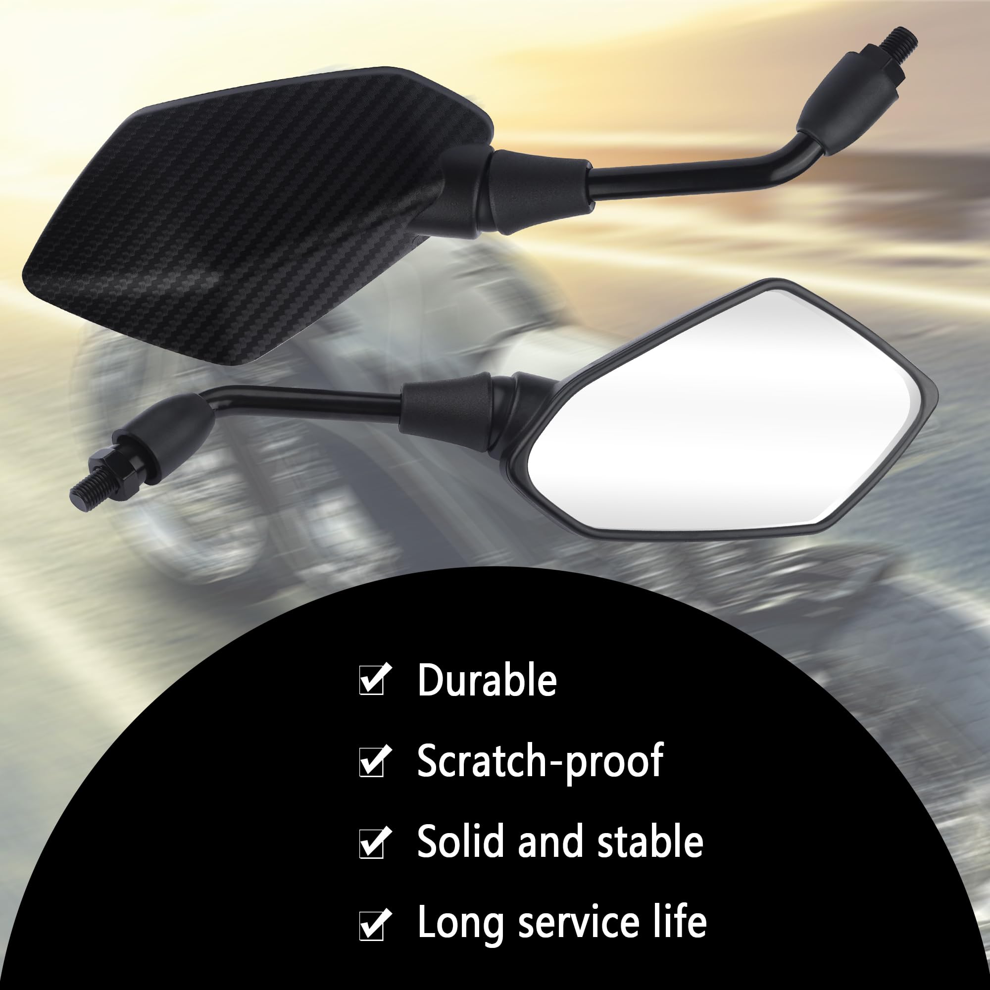 8mm & 10mm Bolt HD 360° Adjustable Motorcycle Mirrors - Wide Angle Rear View Handlebars Mirrors for Scooter, ATV, Dirt Bike (Carbon Fiber) - Perfect for Commuting, Off-Roading & Urban Riding