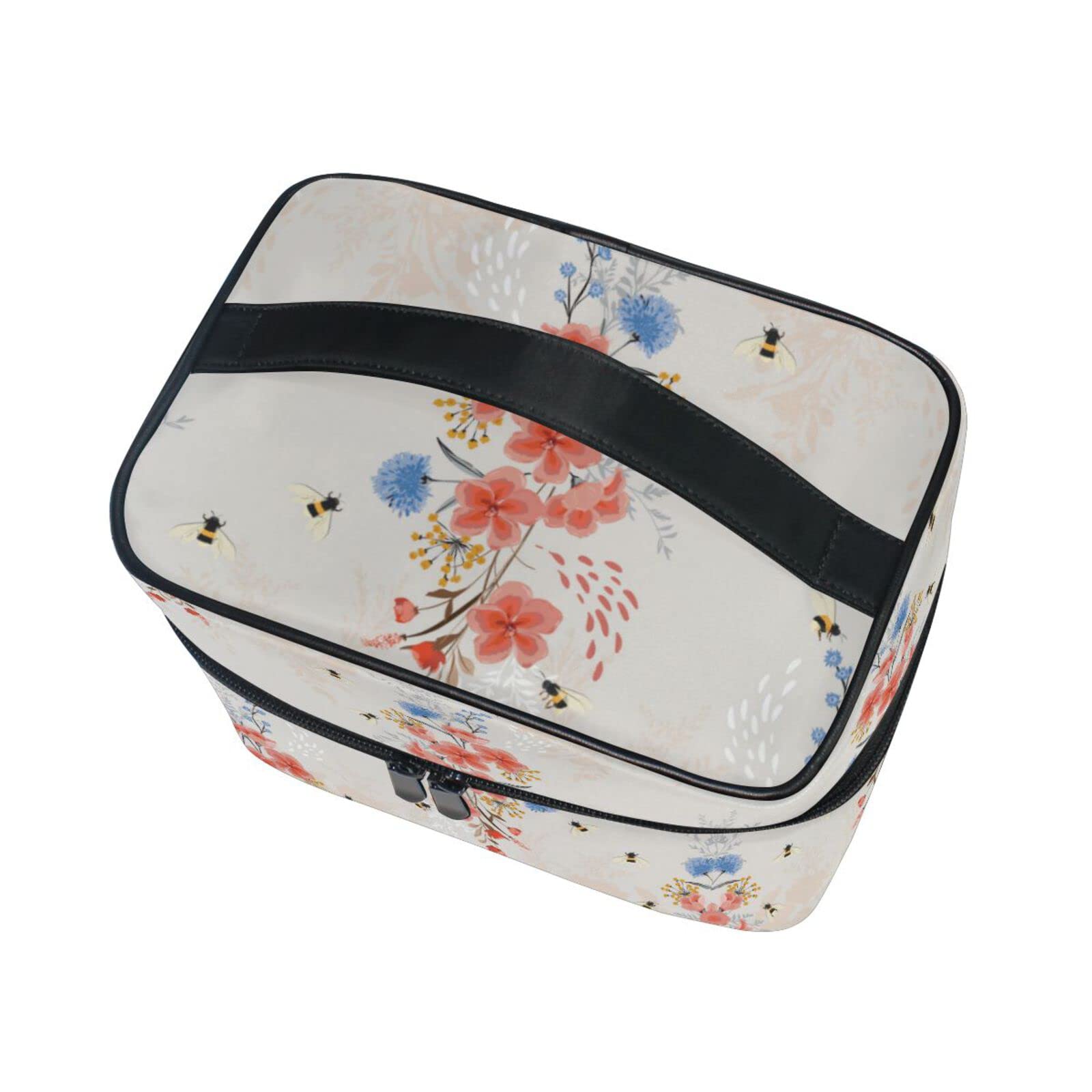 Floral Plum Blossom Bee Cosmetic Bag - Waterproof Makeup Pouch with Zipper for Women & Girls - Perfect for Travel, Gym, and Daily Organizer (Toiletry Case, Makeup Bag Organizer)