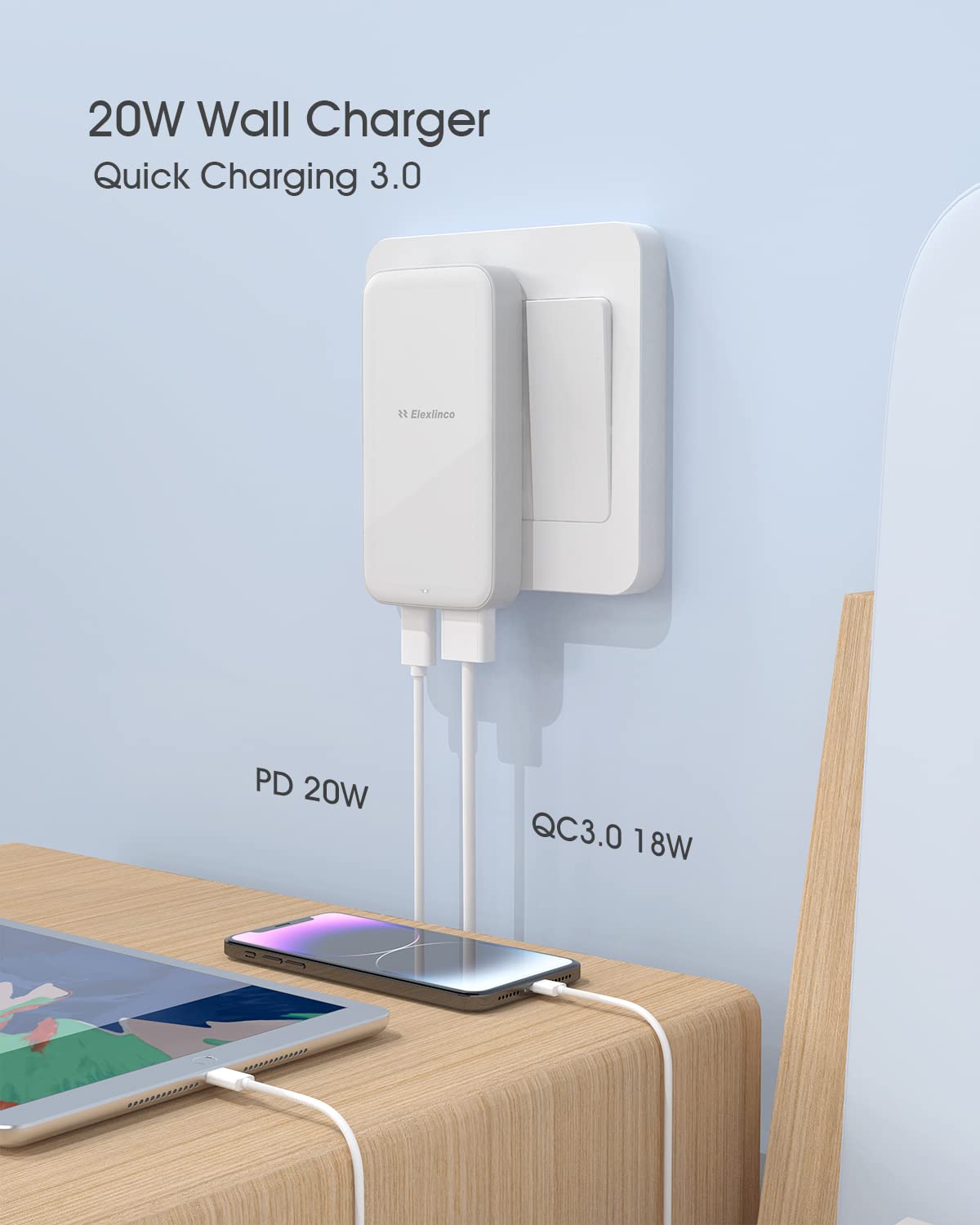 Elexlinco 20W USB C Fast Wall Charger with QC 3.0 18W USB-A - Dual Port Foldable Plug Charger Adapter for iPhone 14/13/12/11, Samsung Galaxy - Perfect for Travel, Home & Office Use