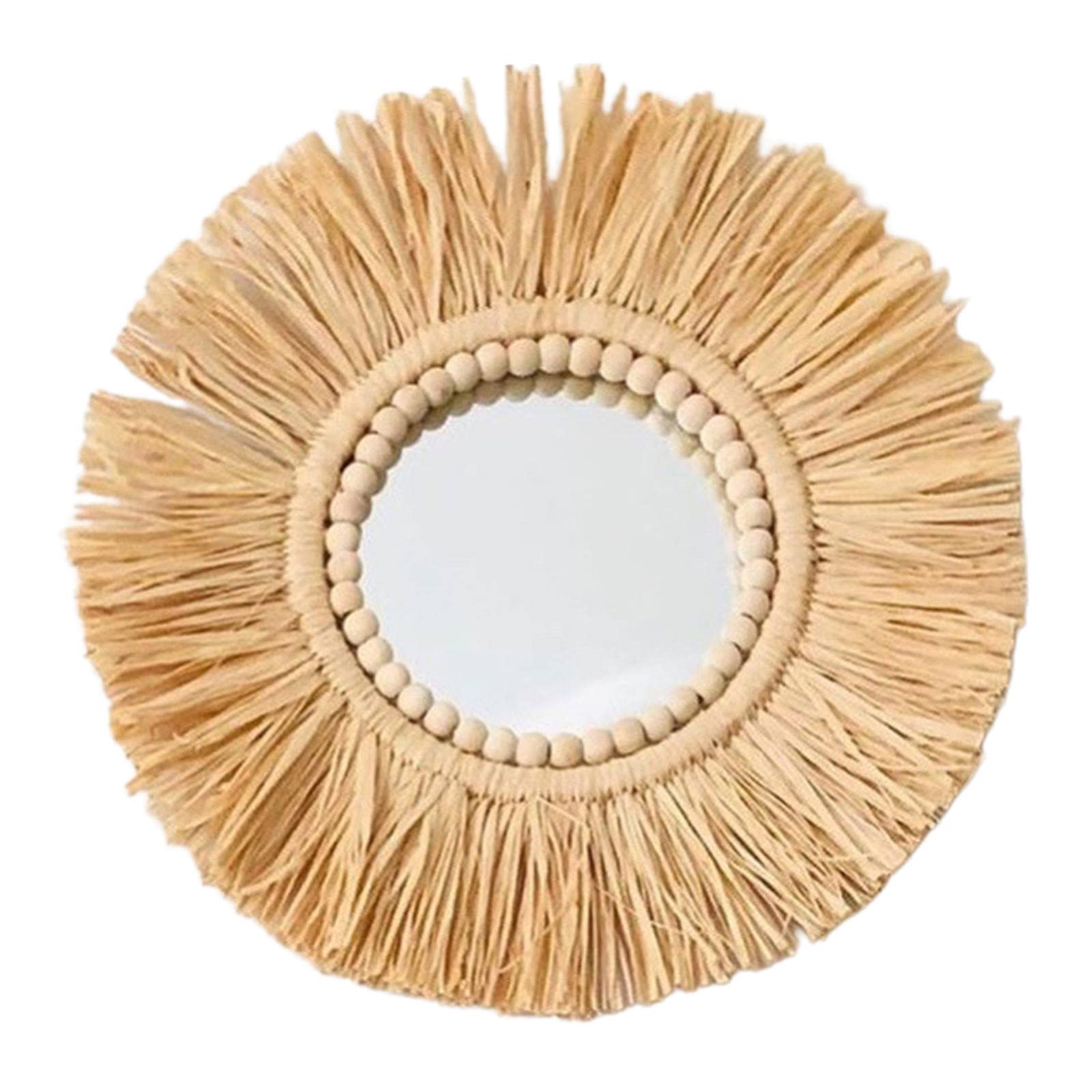 40cm Round Woven Wall Mirror - Bohemian Style Wood Bead Decor for Living Room, Bedroom & Bathroom | Perfect for Home Decor, Makeup Vanity & Gift Giving