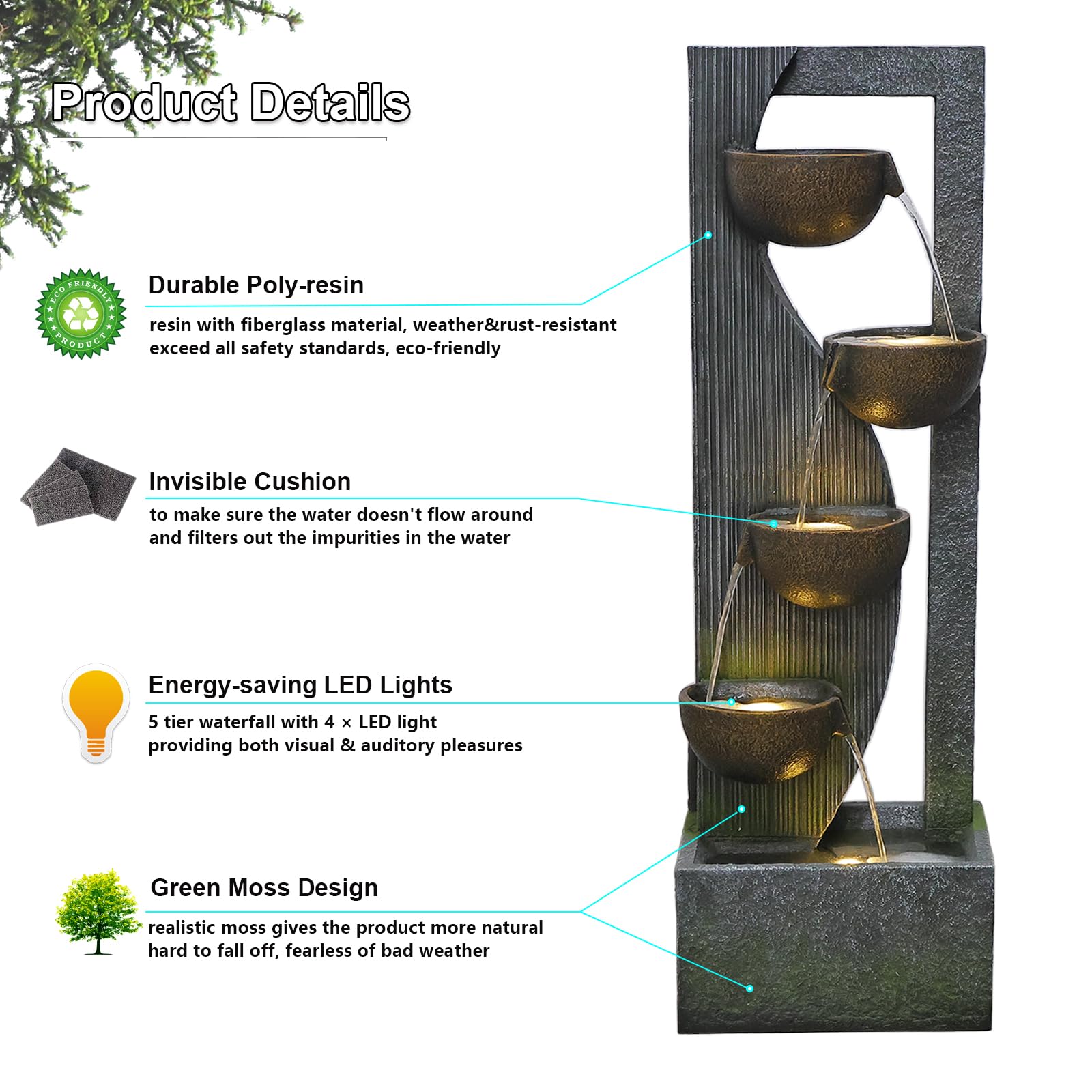 5-Tier Outdoor Water Fountain with LED Lights & Natural Stones - 49.2