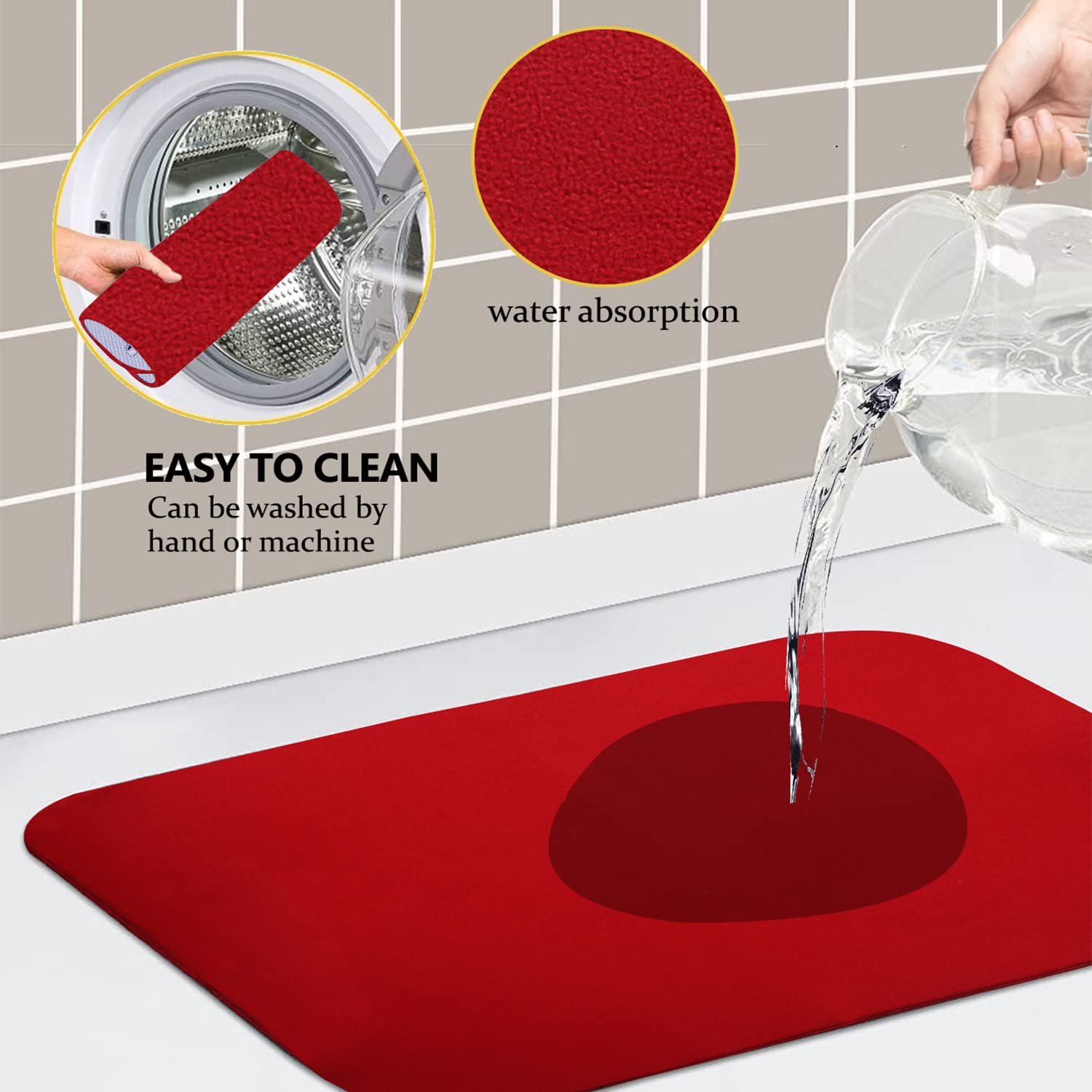 **Premium Microfiber Dish Drying Mat for Kitchen - 50x70cm Reversible & Absorbent - Heart Home Non-Slip Countertop Mat (Red) - Perfect for Dishes, Utensils & Fruit Drying**