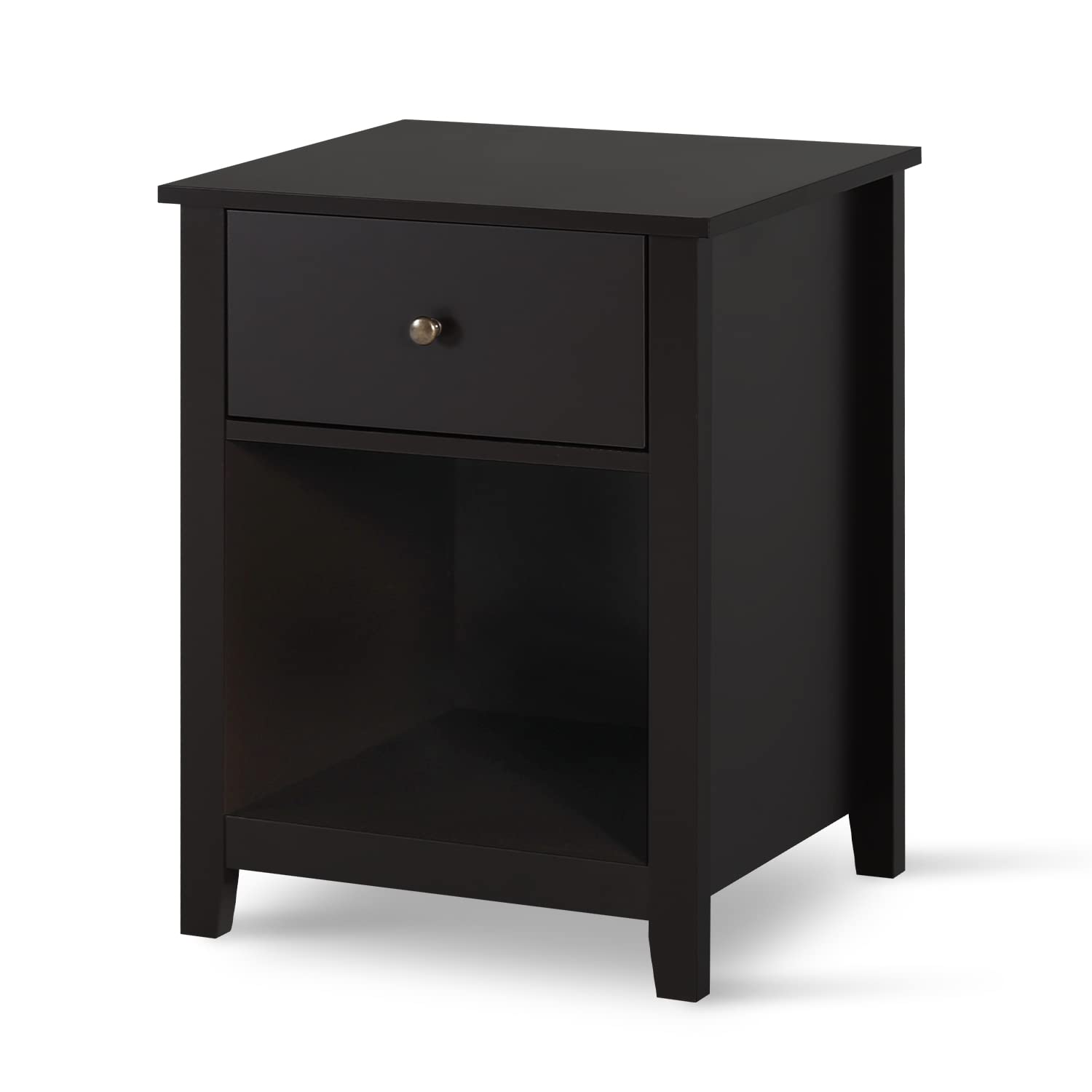 Modern Nightstand with Drawer & Open Shelf - Black Wood Bedside Table for Bedroom, Tall Nightstand with Storage, Perfect for Small Spaces, Apartment Living & Guest Rooms