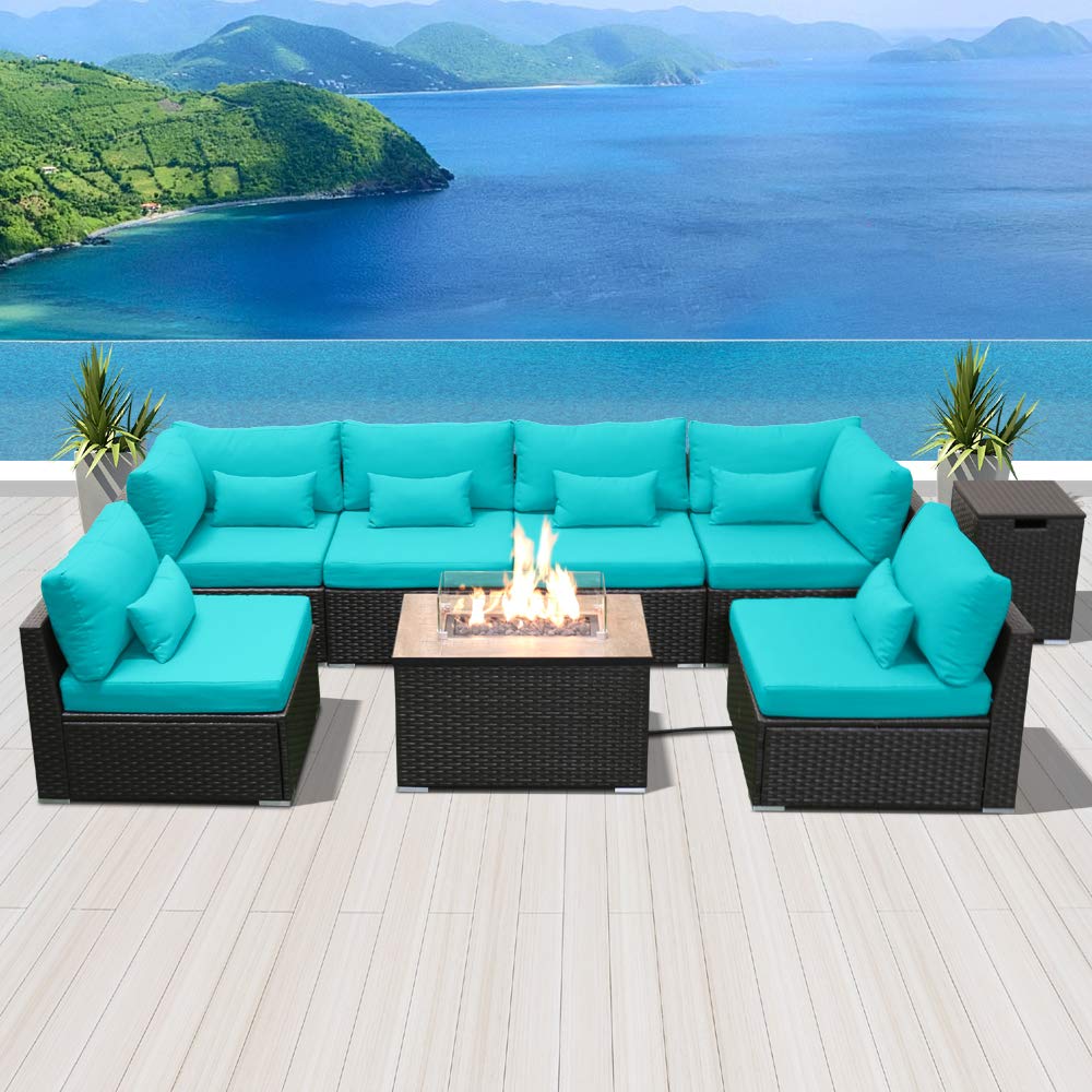 Sun Peak 5-Piece Outdoor Fire Pit Sectional Sofa Set with Propane Fire Table - Dark Brown Rattan & Turquoise Rectangular Table - Patio, Backyard, Garden Conversation Set for Entertaining