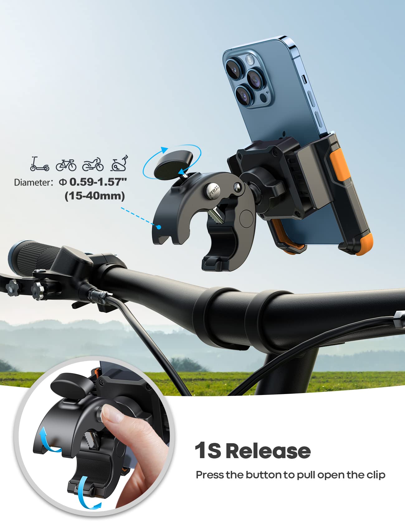 Lamicall Bike Phone Mount Holder - 360° Rotatable Motorcycle Phone Stand with Quick Release Clamp for iPhone 16/15/14/13/12 Pro Max/XS/XR & Huawei (Fits 4.7-6.8