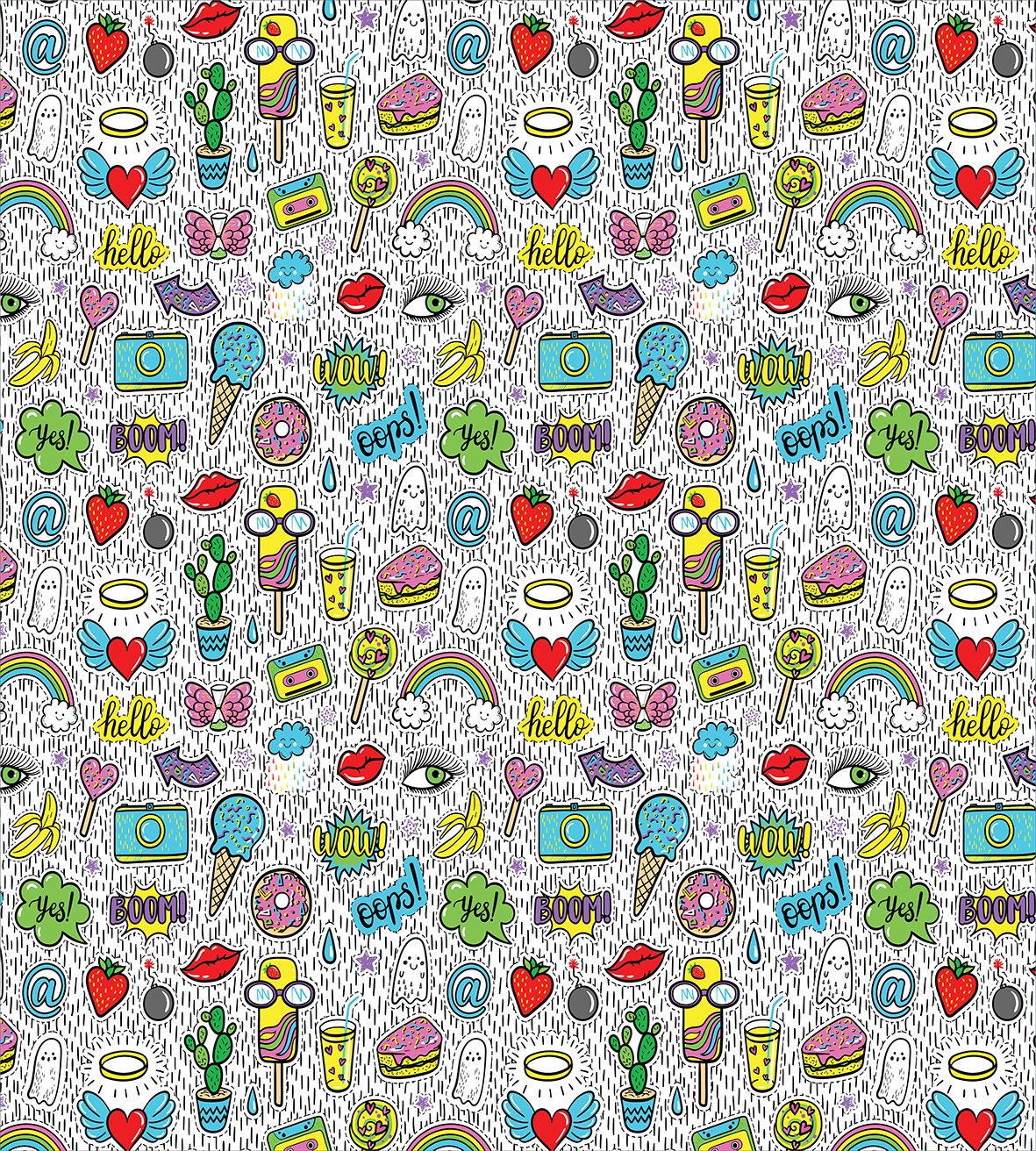 Ambesonne Retro Duvet Cover Set - Pop Art Cartoon Design with Eye, Ice Cream, Rainbow, Donut & Heart Patterns | 3-Piece Queen Size Bedding Set with 2 Pillow Shams in Grey & White | Perfect for Teen Bedrooms, Dorm Decor & Funky Home Styling