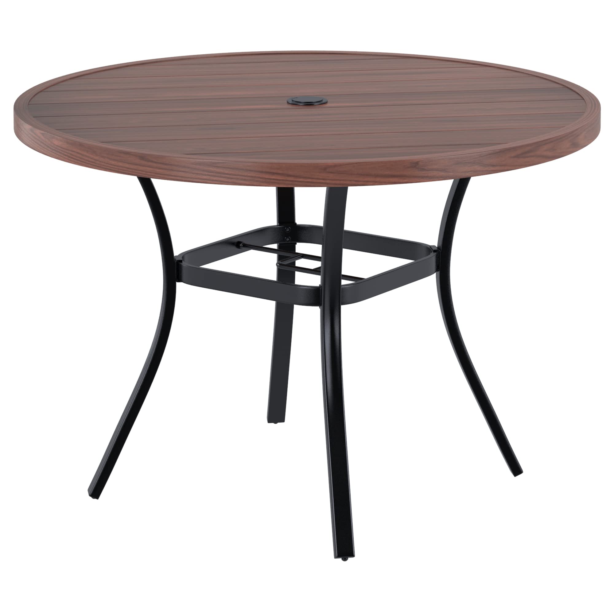 VICLLAX 41 Inch Round Patio Dining Table with Umbrella Hole - Durable Metal Outdoor Table for Garden, Lawn, Balcony & Deck - Walnut Finish - Perfect for Outdoor Dining, Entertaining & Relaxing