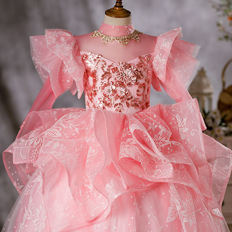 Sparkly Pink Sequin Flower Girl Dress with Organza Skirt - Mock Neck Style for Weddings & Special Occasions