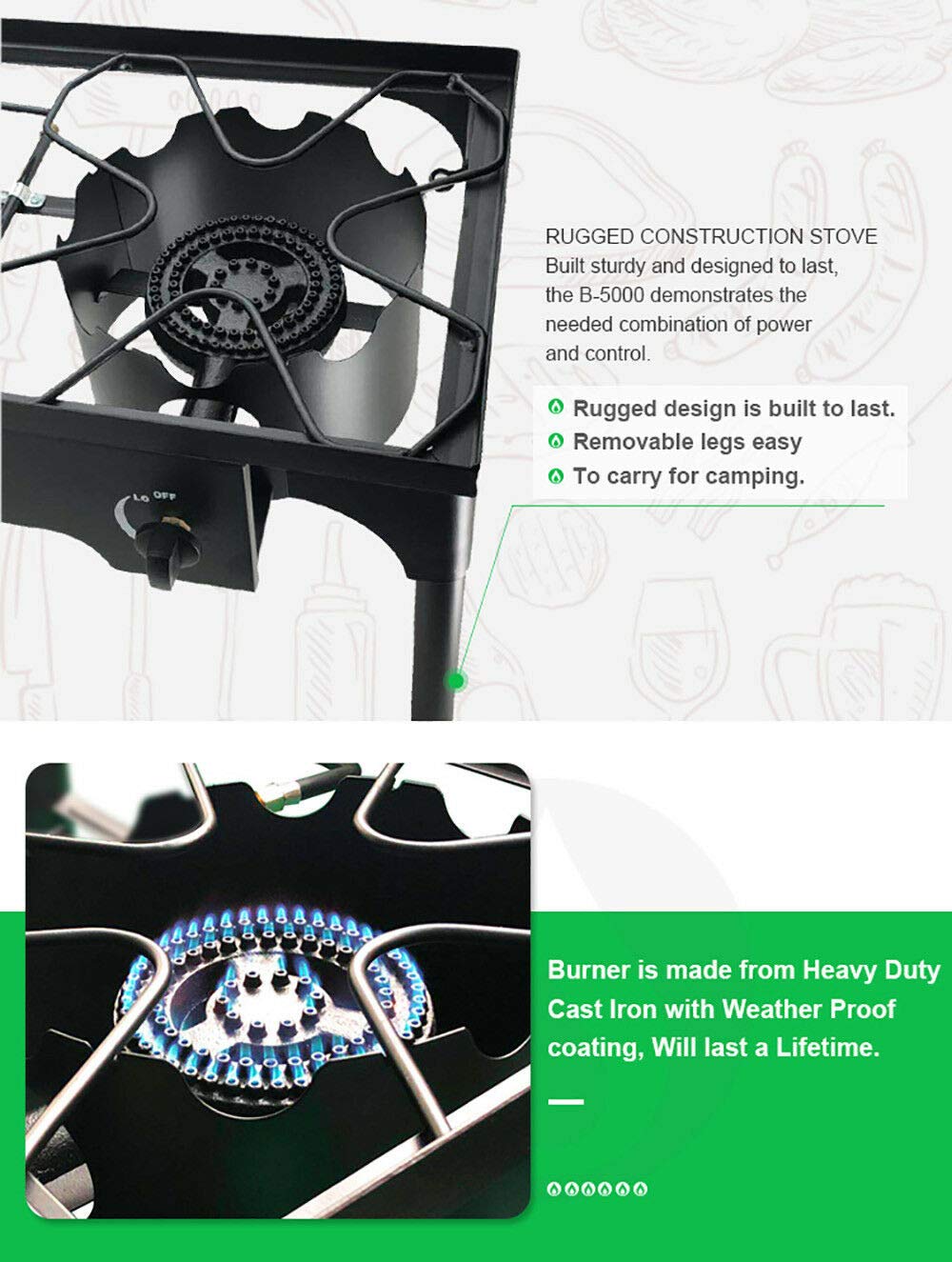 Heavy Duty Cast Iron Free Standing LP Propane Double Burner Outdoor Cooking Stove - Perfect for Camping, Backyard BBQs, and Tailgating Parties