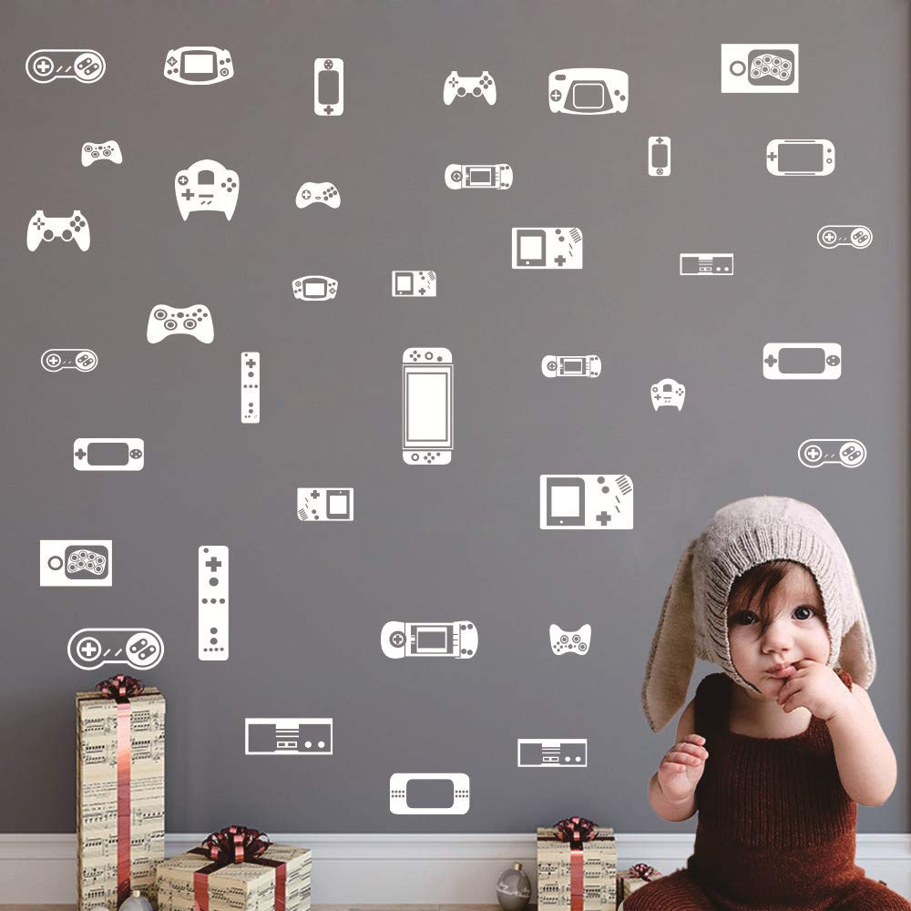 Kids Gaming Wall Decals - Removable Vinyl Gamepad & Console Stickers for Boys Bedroom Decor, Video Game Themed Room Art (White) AM108 - Perfect for Gamer Kids' Rooms, Playrooms & Teen Gaming Setups