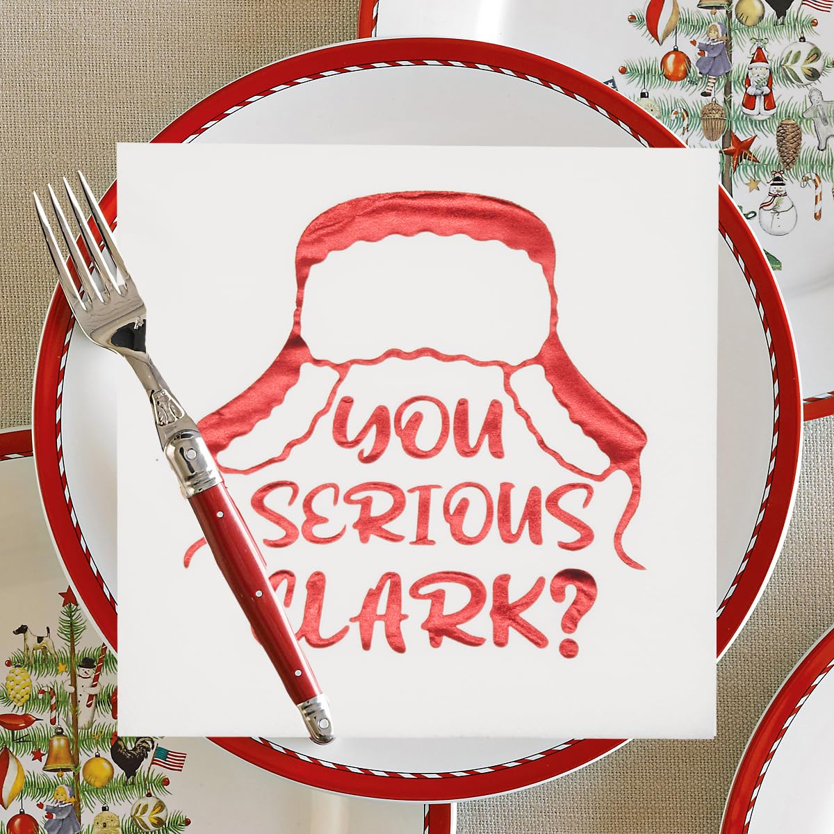 Funny Christmas Napkins - 'You Serious Clark?' Holiday Party Decorations - Red Foil 5x5 Inch Napkins (50-Pack) for Christmas Vacation Themed Parties, Family Gatherings & Office Celebrations