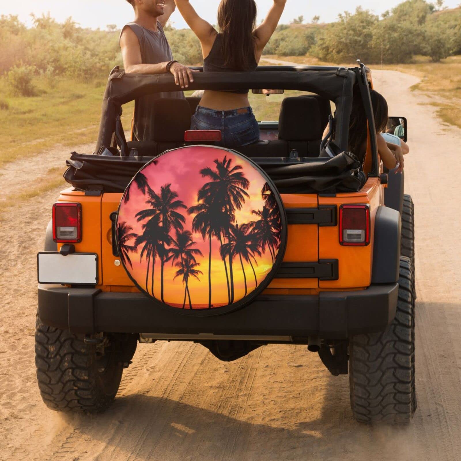 Premium 17-Inch Tropical Beach Palm Tree Silhouette Spare Tire Cover - Dust-Proof Wheel Protector for Trailers, RVs, SUVs & More | Perfect for Road Trips & Beach Adventures