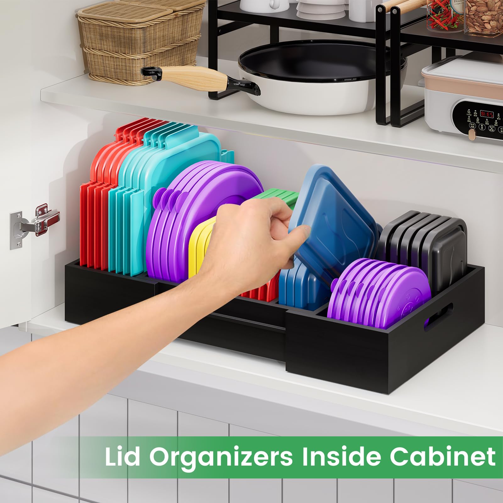 Expandable Bamboo Cabinet Organizer with 3 Adjustable Dividers - Kitchen Storage for Plastic Lids & Food Container Lids - Drawer & Pantry Organizer (Black) - Perfect for Small Kitchen Organization & Space Saving Storage Solutions