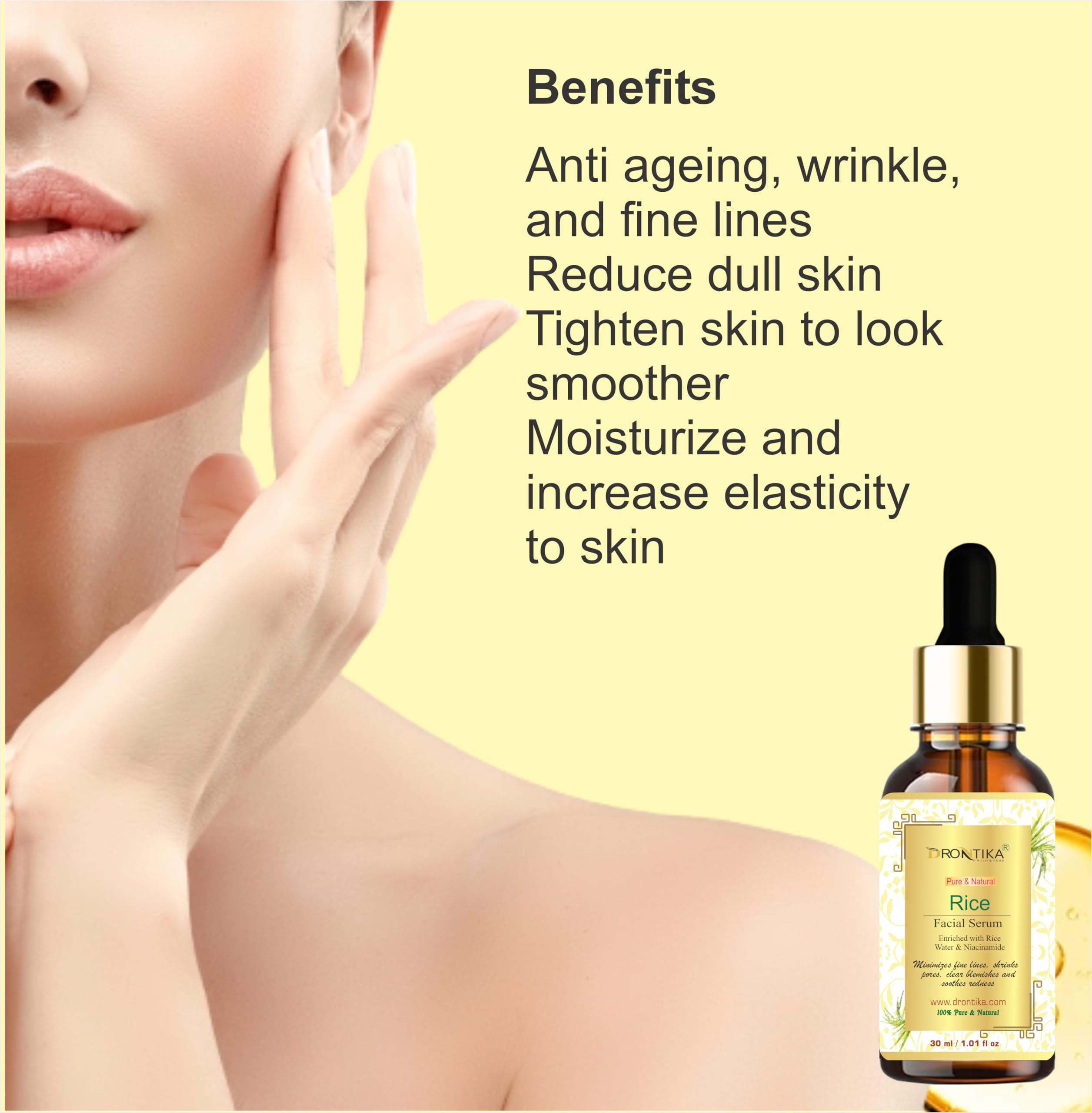 Drontika Rice Face Serum for Glowing Skin - Rice Water & Niacinamide Formula for Glass Skin - 30ml Hydrating Facial Serum | Perfect for Daily Skincare Routine & Nighttime Hydration
