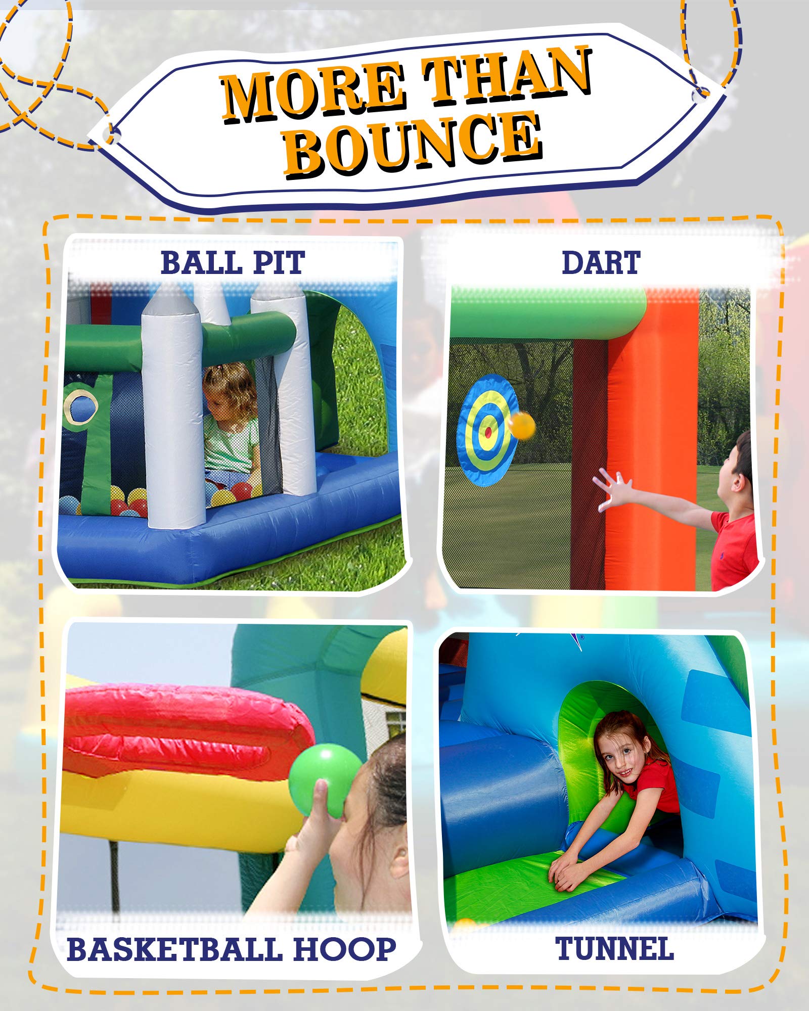 Action Air Bounce House with Blower - Inflatable Jumping Castle for Kids, Foldable Sunroof, Outdoor Party & Backyard Play (No Balls Included)