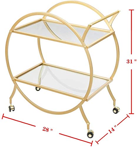 MAIKAILUN Gold Bar Cart with 2 Mirrored Shelves - Modern Rolling Serving Cart with Locking Wheels & Handle - 28.34