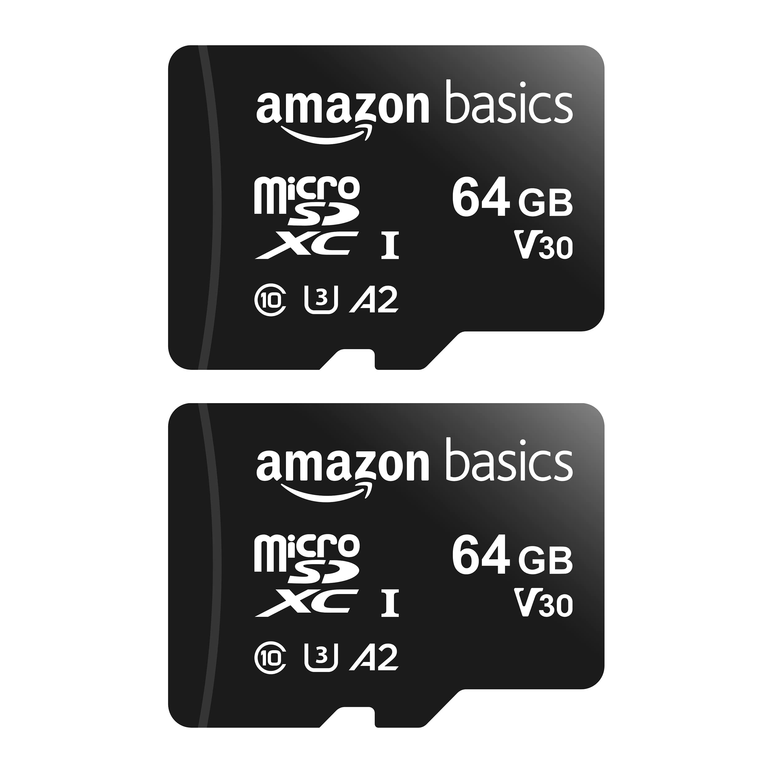 Amazon Basics MicroSDXC UHS-I Class 10 Memory Card with Full Size Adapter, A2, U3, V30, 4K UHD, 64GB (2-Pack) - 100MB/s Read Speed for GoPro, DSLR, Dash Cam, Drone & Smartphone Storage - High Performance for 4K Video Recording & Fast App Loading