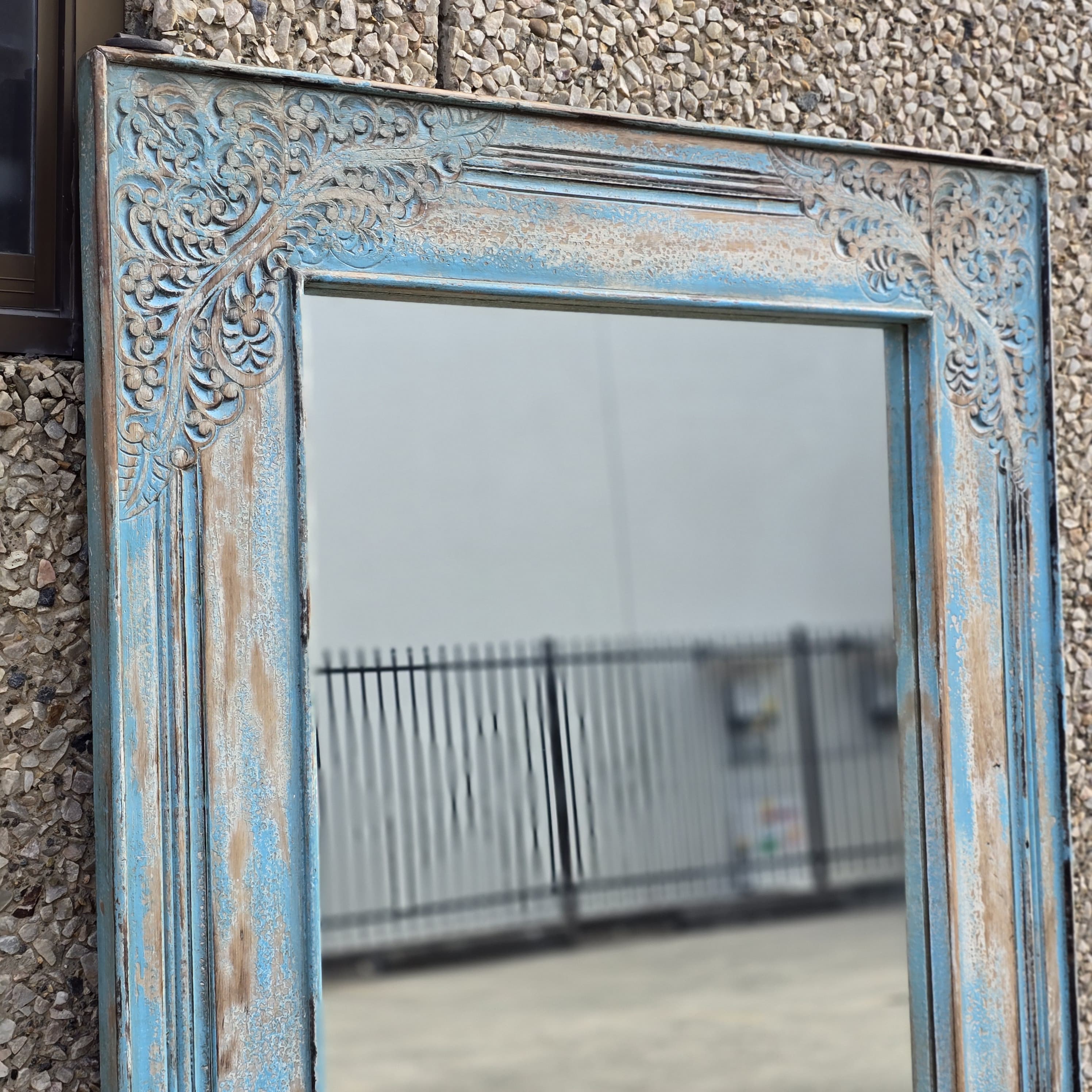 Handcrafted Floral Carved Solid Wood Indian Furniture Mirror Frame - Rustic Blue Home Decor for Living Room, Bedroom & Entryway