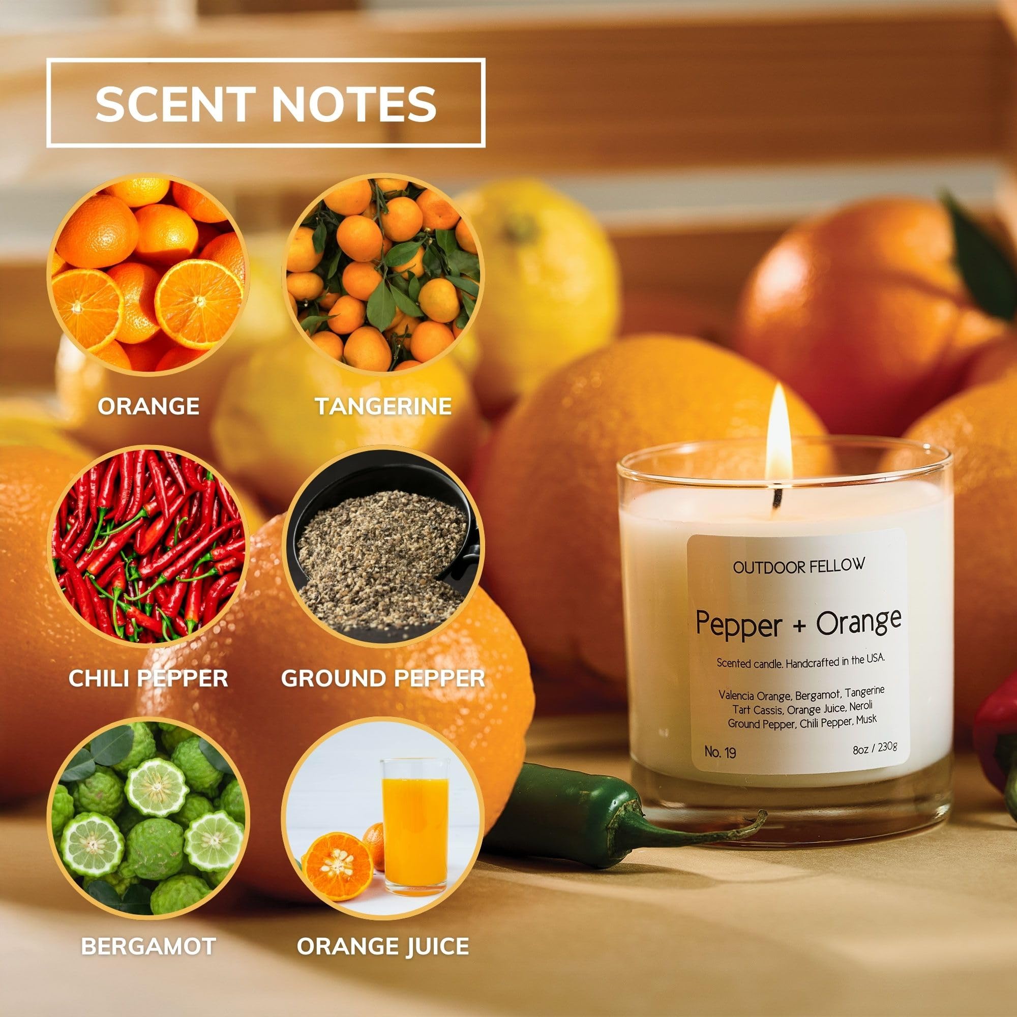 Pepper & Orange Scented Candle - 8oz Coconut Apricot Wax Blend with Bergamot Neroli & Chili Pepper - Long Lasting 40+ Hour Burn Time - Citrus Aroma Home Fragrance for Living Room, Bedroom, Spa Relaxation & Gift Giving