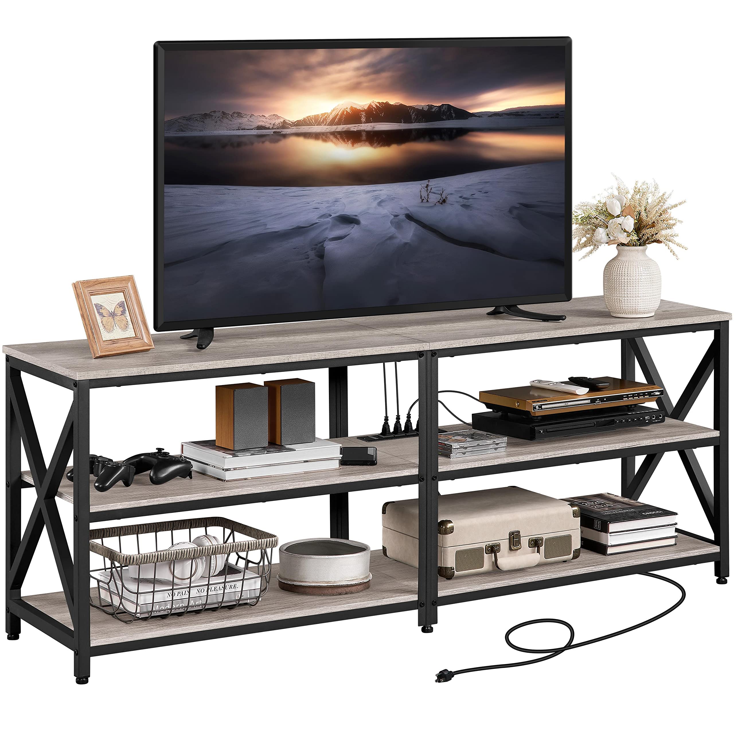 Yaheetech 70 Inch TV Stand with Power Outlet & Charging Station - 3-Tier Entertainment Center with Storage Cabinet for Living Room, Bedroom & Home Theater - Modern Gray TV Console for Smart TVs & Media Devices