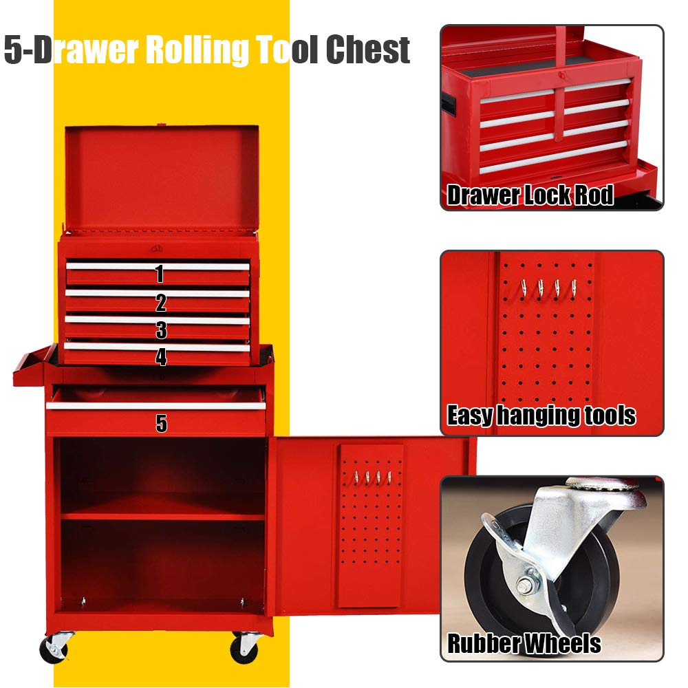 Heavy-Duty 5-Drawer Rolling Tool Chest with Lock - Mobile Tool Storage Cabinet for Workshop, Garage & Warehouse | Detachable Tool Box Organizer | Ideal for Mechanics, DIY Projects & Professional Use (Red)