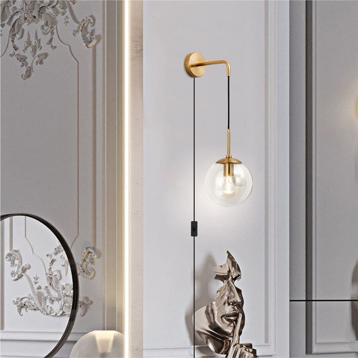 Mid Century Modern Globe Wall Sconce Lighting - Set of 2 Plug-in Brushed Brass Gold Wall Lights with Clear Bubble Glass Ball - Perfect for Bathroom, Bedroom, Hallway & Living Room Decor