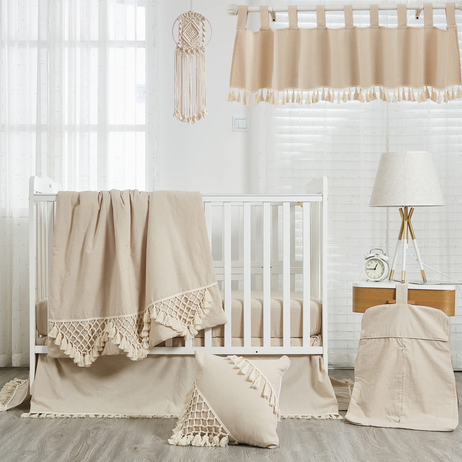 Brandream Unisex Bohemian Baby Crib Bedding Set - 6 Piece Beige Farmhouse Nursery Set with Tassel Fringe, 100% Washed Cotton - Perfect for Neutral Nursery, Gender Reveal, and Minimalist Baby Room Decor