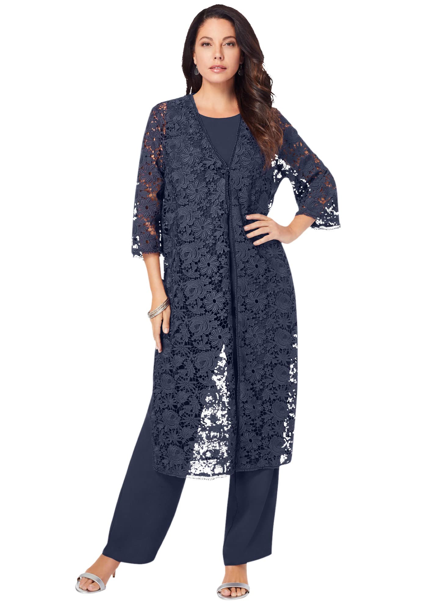 Romantic Plus Size 3-Piece Lace Duster & Pant Suit for Women - Elegant Formal Evening Wear Set, Mother of the Bride Outfit - Perfect for Weddings, Galas & Special Occasions