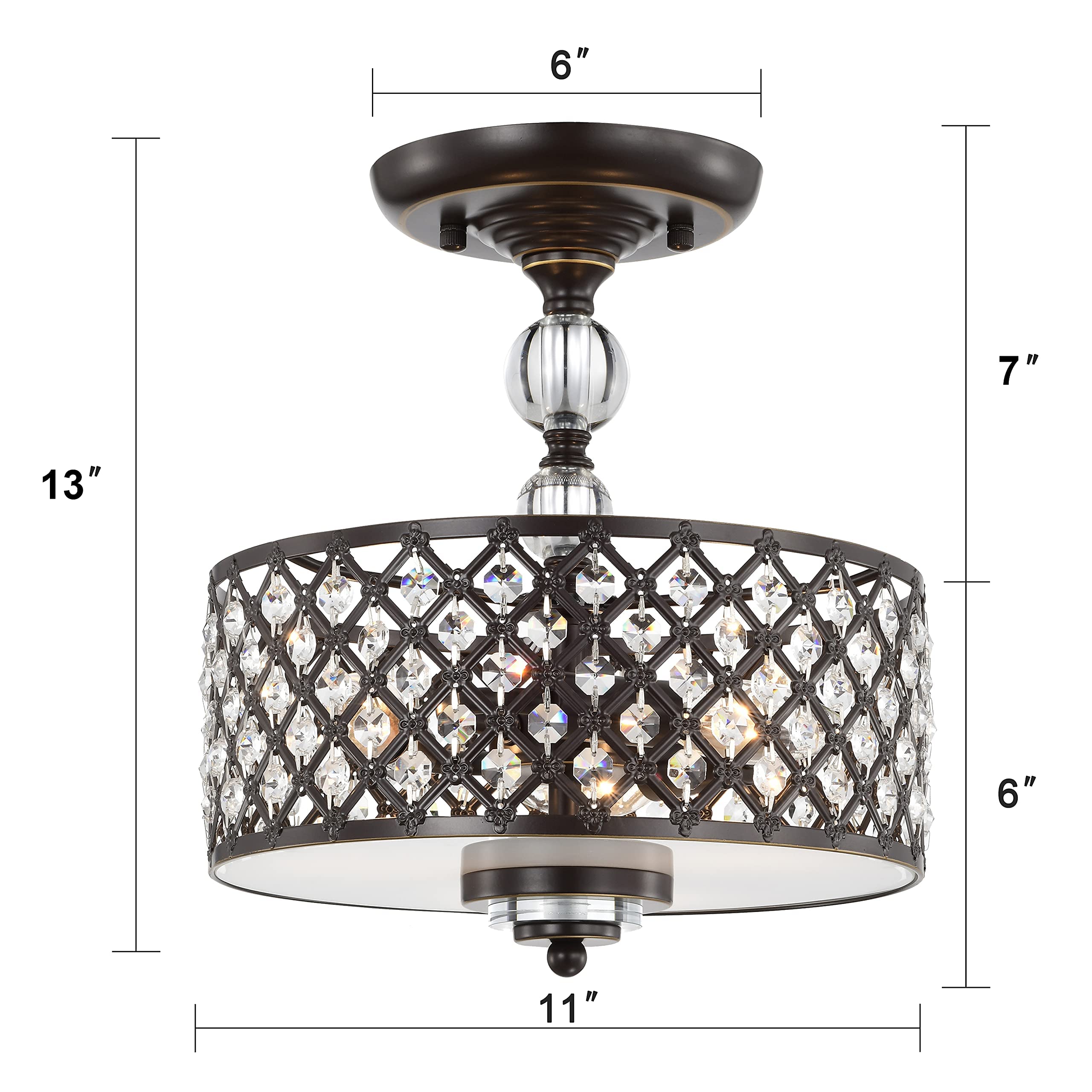 LaLuLa 3-Light Antique Bronze Crystal Flush Mount Chandelier - Semi-Flush Ceiling Light Fixture for Dining Room, Bedroom & Hallway Lighting