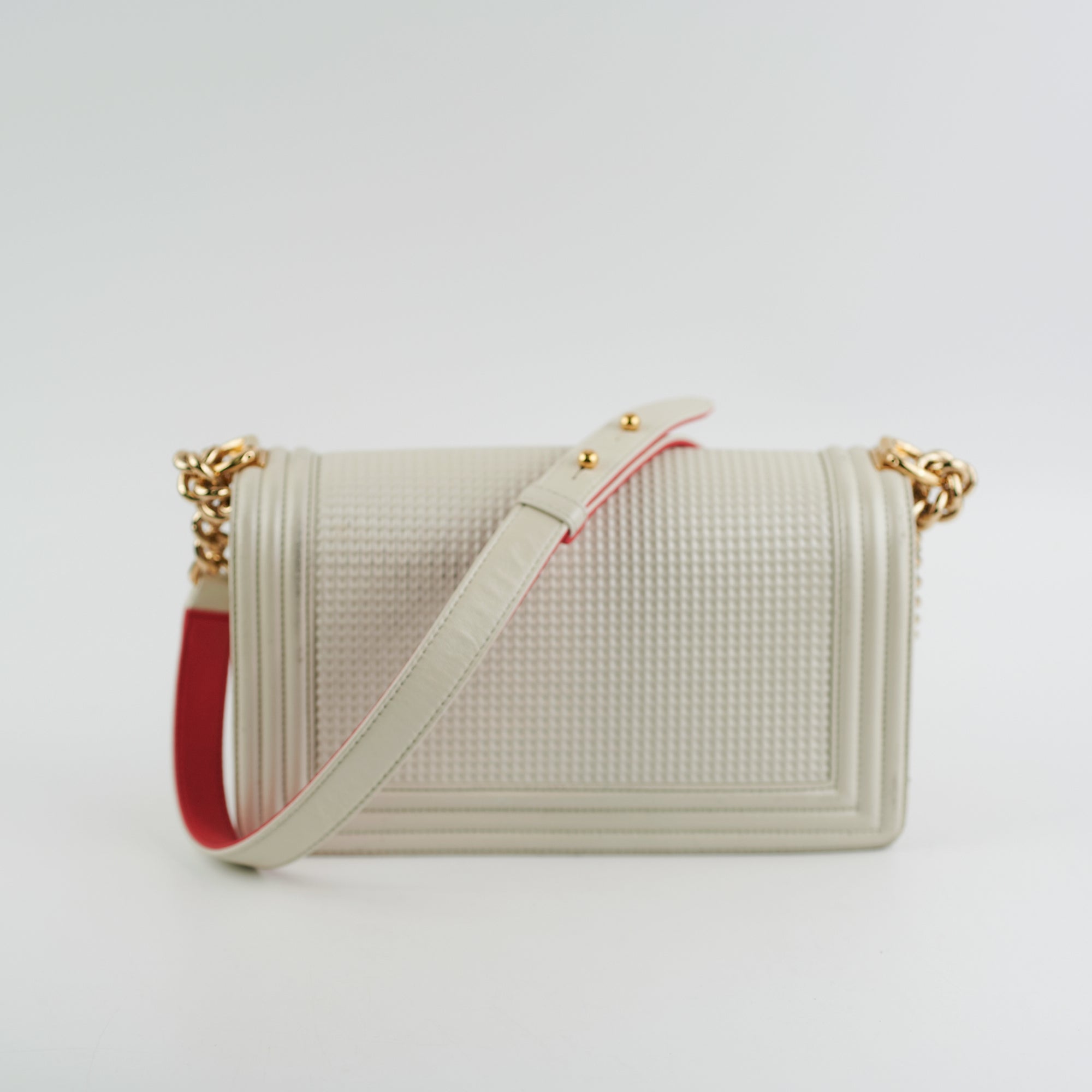 Chanel Old Medium Cube Embossed Boy Bag in White - Luxury Crossbody Bag for Women, Perfect for Date Night & Special Occasions