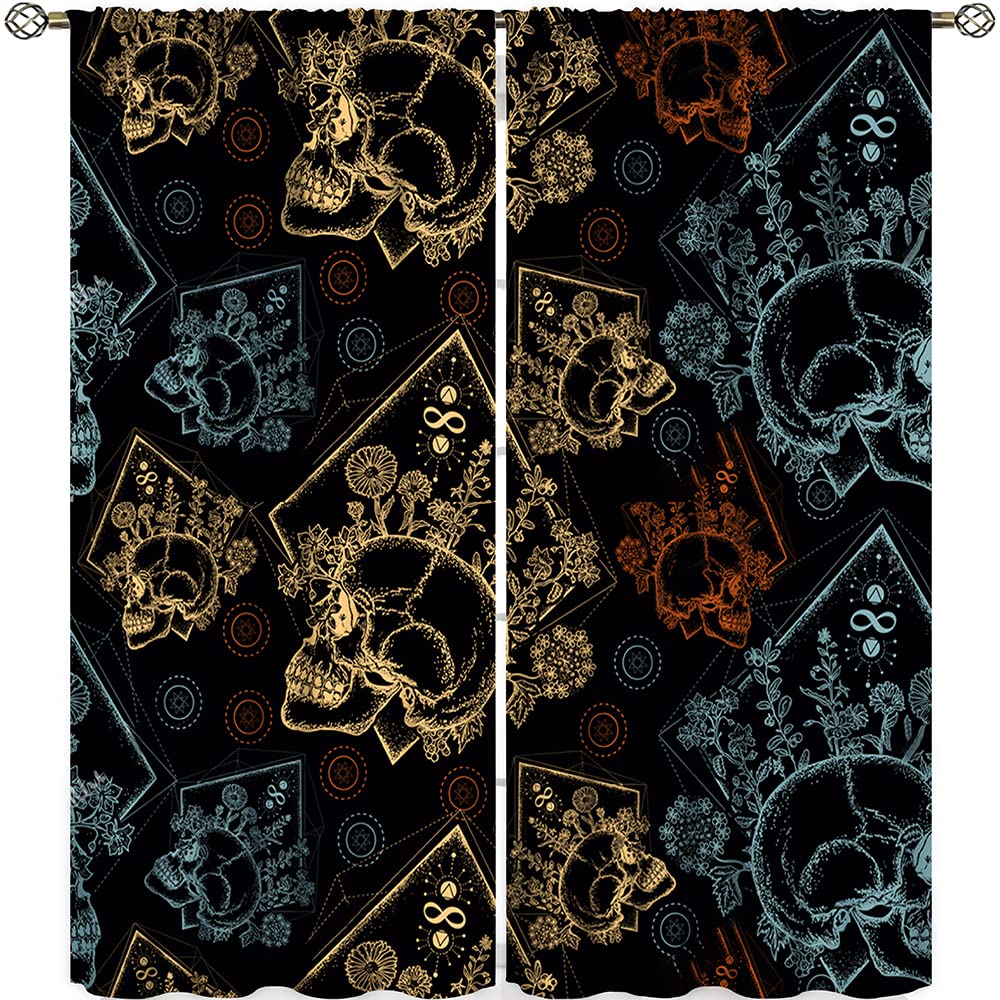 Gothic Blackout Curtains - Yellow Blue Plant Skull Halloween Window Drapes, Trippy Art Pattern Black Design for Living Room, Bedroom & Kids Room Decor (42x45 Inches) - Perfect for Halloween Party, Gothic Home Decor & Light Blocking