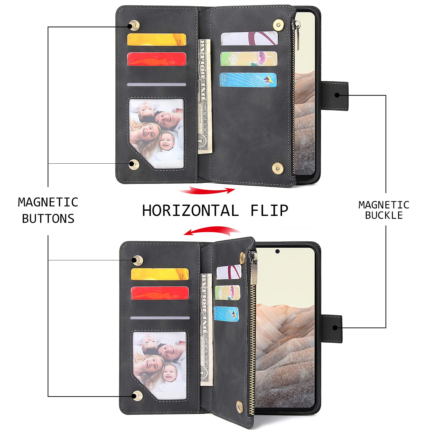 Google Pixel 6 Pro Magnetic Leather Wallet Case with Card Holder & Hand Strap - Shockproof Flip Cover with Zipper Pocket & Stand Feature - Perfect for Everyday Use, Travel & Business (Black)