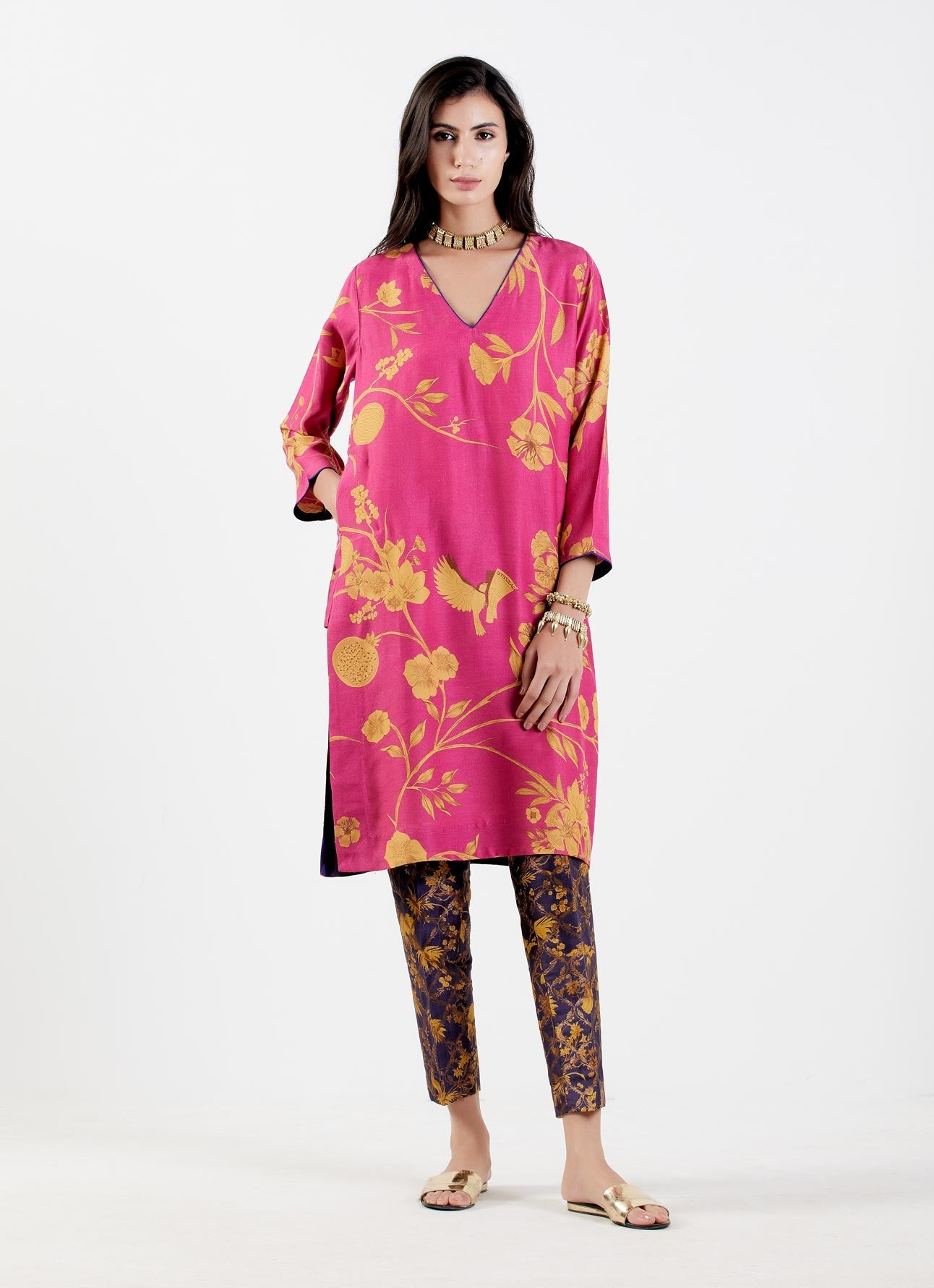 Elegant V Neck Kurta for Women - Premium Muga Satin Fabric - Royal Rani Style - Perfect for Festivals, Weddings & Special Occasions