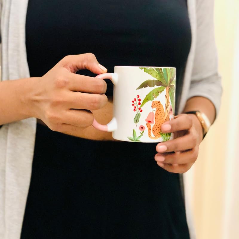 Fiery Cat in Jungle - Handpainted Ceramic Coffee Mug (330ml) by The Spring Palette | Unique Gift for Cat Lovers | Perfect for Home, Office & Outdoor Use