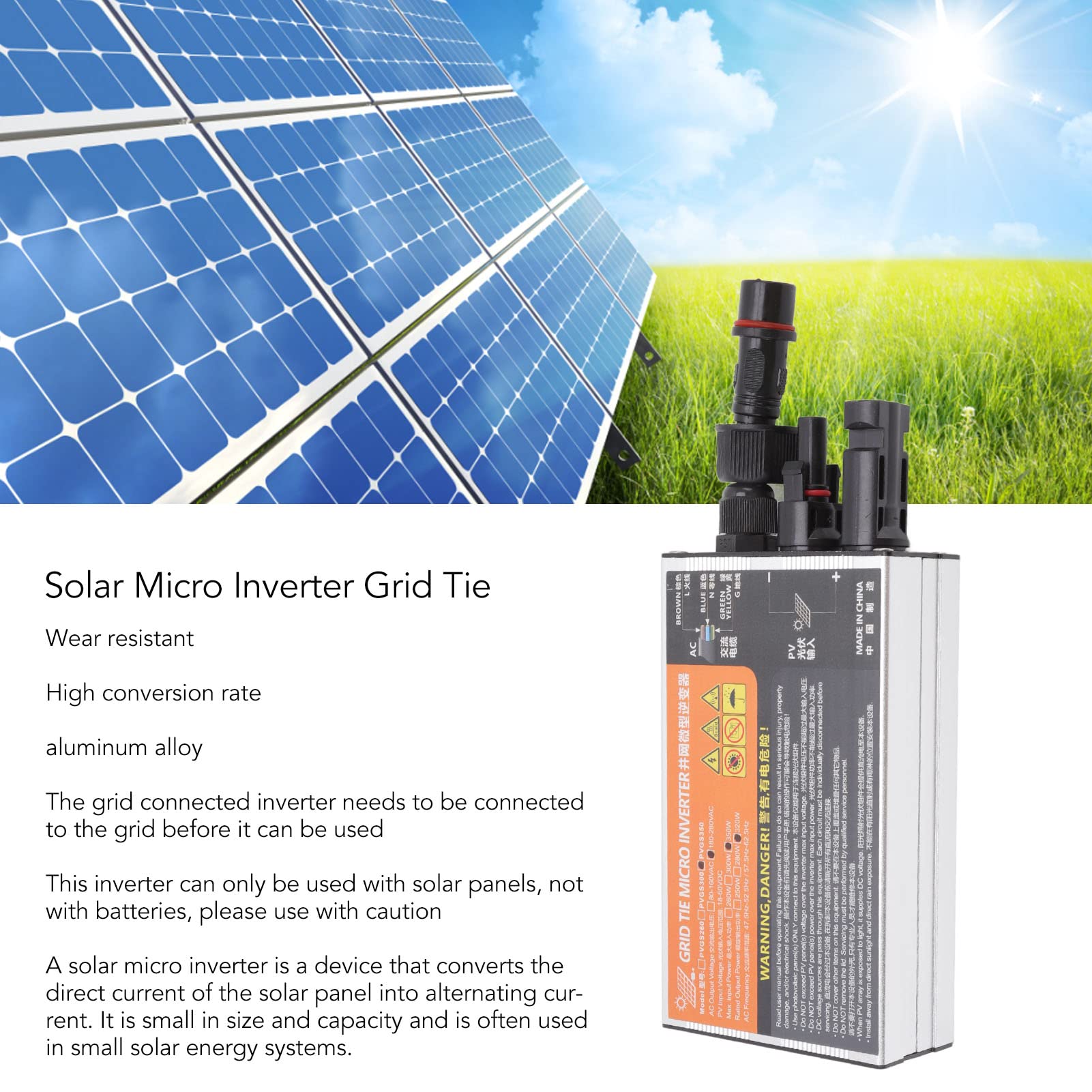 Haofy 350W Solar Micro Inverter Grid Tie - 10A High Efficiency Pure Sine Wave Inverter with 96% Conversion Rate for Home Solar Power System - Perfect for Rooftop PV Panels, Off-Grid Cabins & Renewable Energy Projects