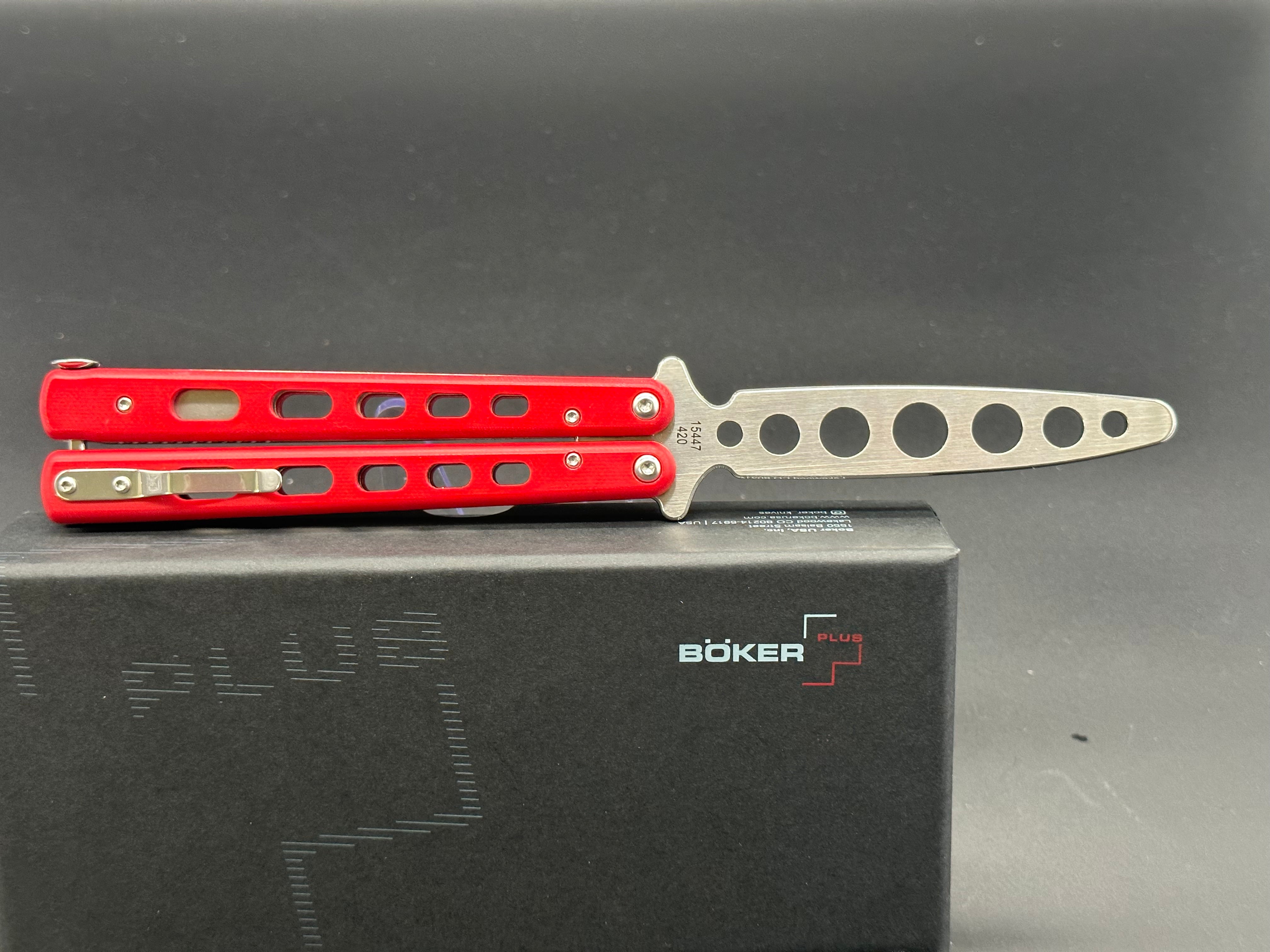Boker Plus 01BO712 Butterfly Knife Trainer with Red G10 Handle - Safe Practice Tool for Beginners, Flipping Tricks & EDC Training
