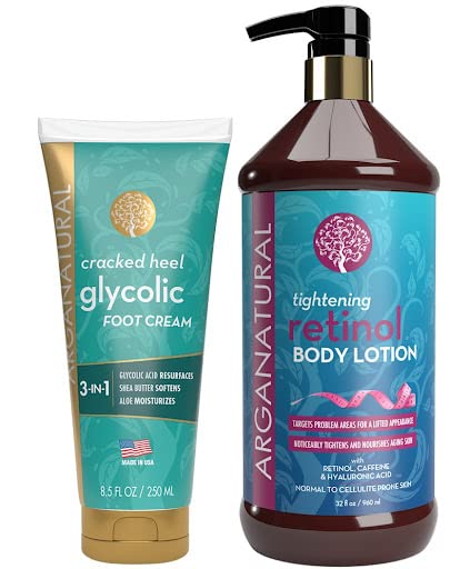 Arganatural Ultimate Anti-Aging Set - Retinol Body Lotion & Glycolic Acid Foot Cream for Dry Skin, Wrinkles & Cracked Heels | Hydrating Skincare Routine for Night Use & Daily Moisturizing