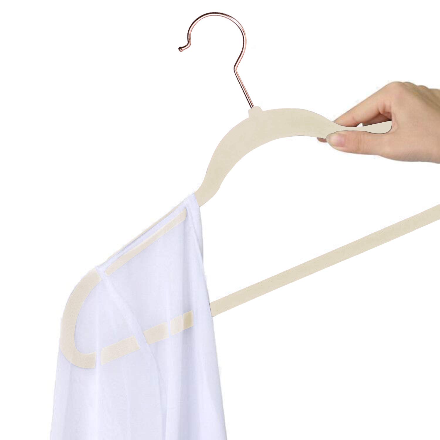Premium Velvet Suit Hangers 50 Pack - Heavy Duty Non-Slip Clothes Hangers with 6 Finger Clips & Tie Rack for Men & Women - Space Saving Wardrobe Organizer for Closet, Suits, Dresses & Coats (Beige)
