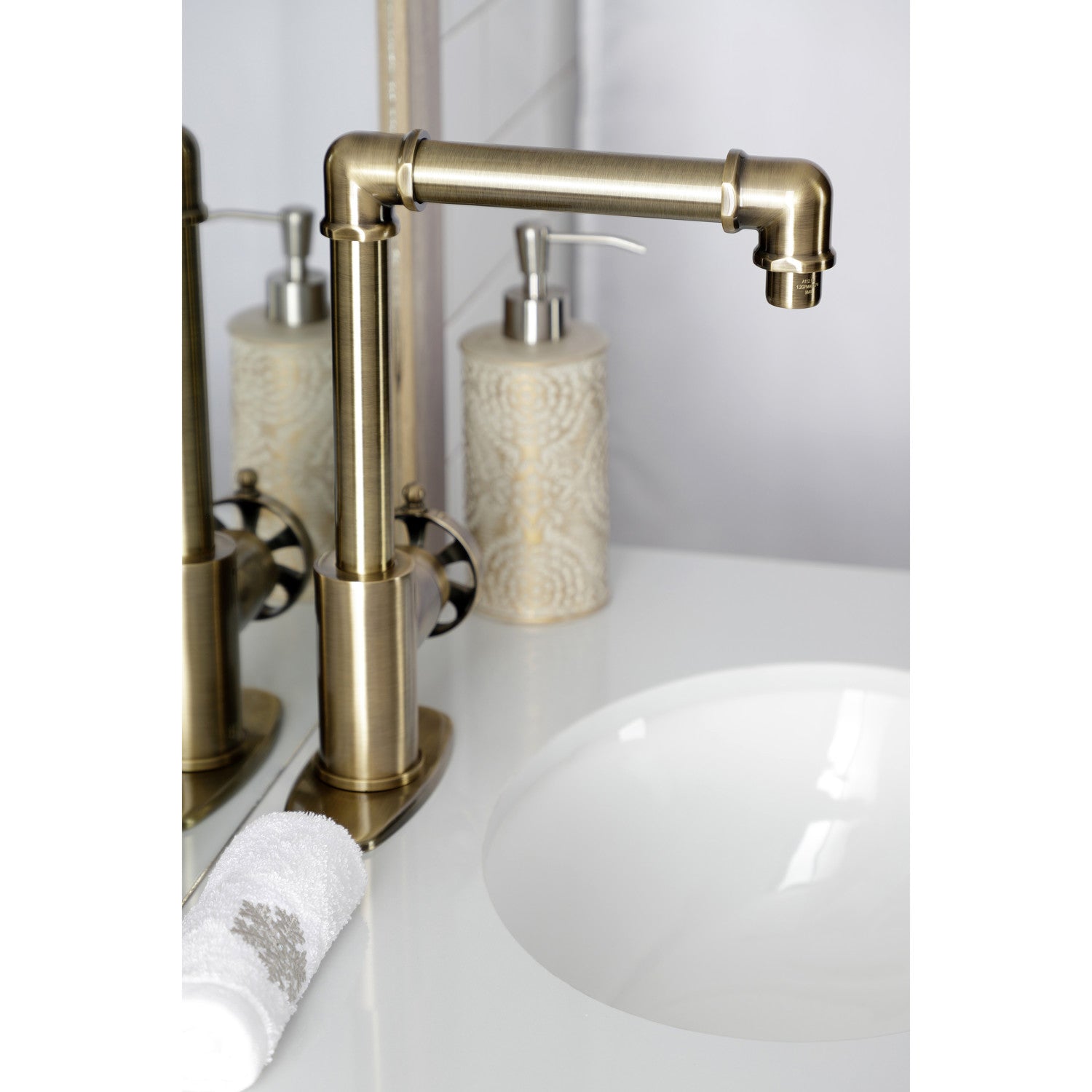 Belknap KSD144RXAB Single Handle 1 Hole Bathroom Sink Faucet with Deck Plate & Push Pop-Up Drain - Antique Brass Finish for Bathroom Vanity or Powder Room