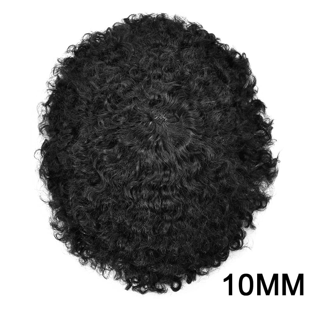 Afro Curl Men's Toupee - 8x10 Inch Full Poly Skin PU Injection Human Hair Replacement System for African American - Thin Skin Man Weave Hair Unit (1 Jet Black, 10mm Wave Curl) - Perfect for Daily Wear, Special Occasions & Hair Loss Solutions