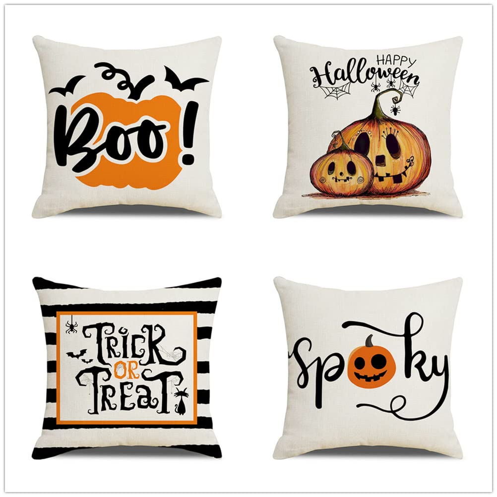 4 Pack 24x24 Inch Cotton Linen Square Pillow Covers with Zipper - Soft Decorative Throw Pillow Cases for Couch, Sofa, Living Room & Bedroom - Perfect for Halloween, Fall Decor and Home Comfort