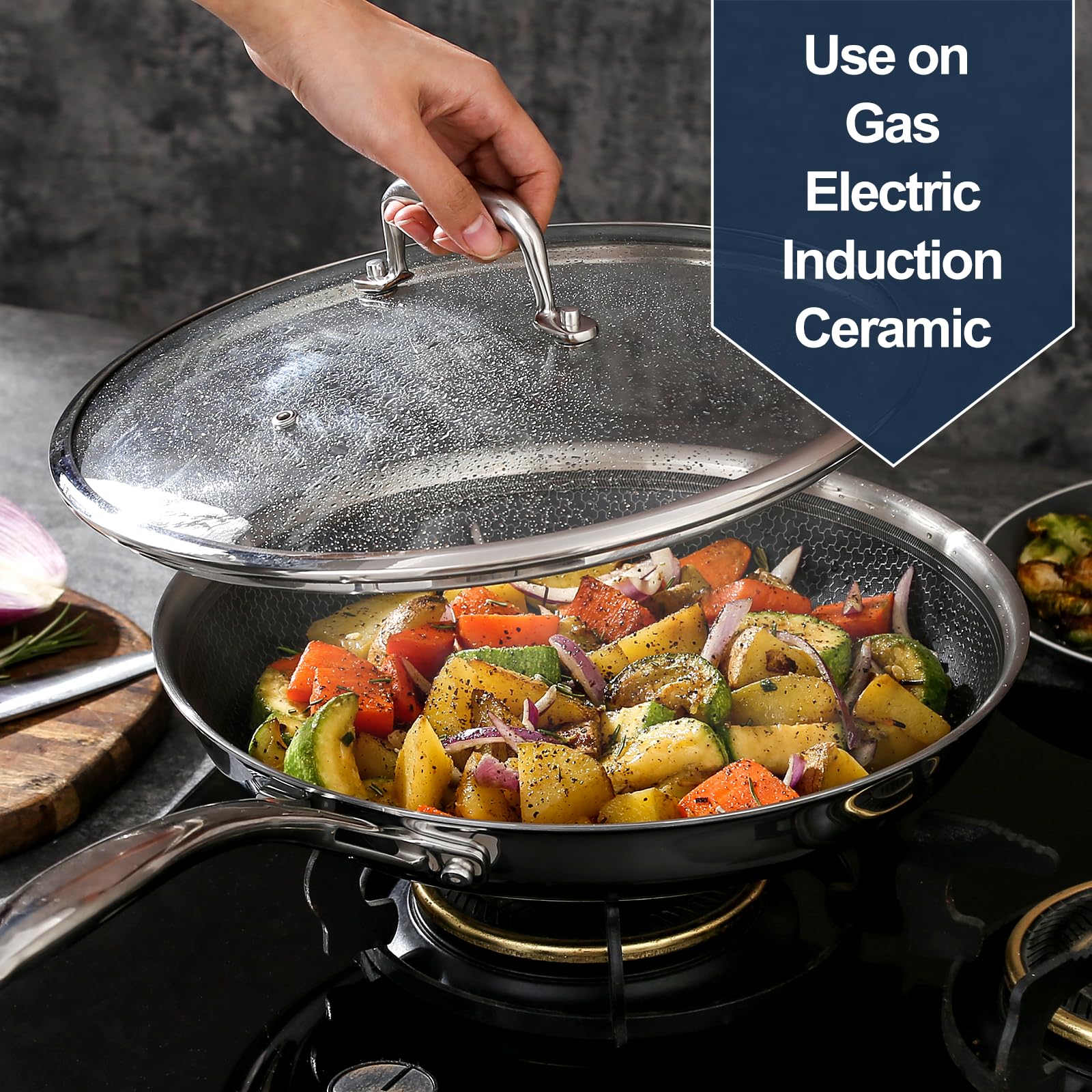 Premium 5-Piece Nonstick Fry Pan Set - 8, 10 & 12-Inch Hybrid Skillets with Glass Lids & Stay-Cool Handles | PFOA-Free, Dishwasher & Oven Safe | Compatible with All Cooktops | Perfect for Sautéing, Frying & Everyday Cooking